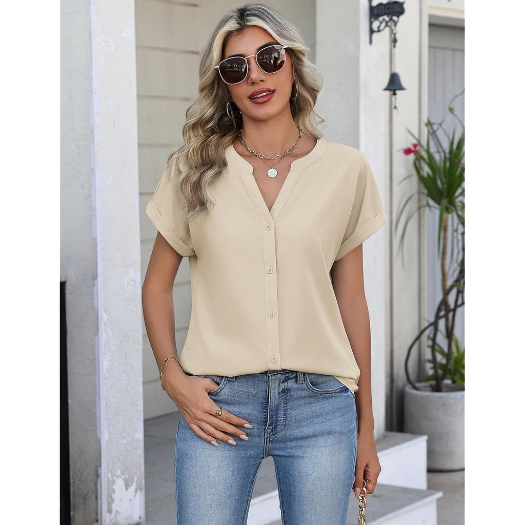 Button Down Shirts for Women Short Sleeve Tops V Neck Collar Blouses Business Casual Outfits