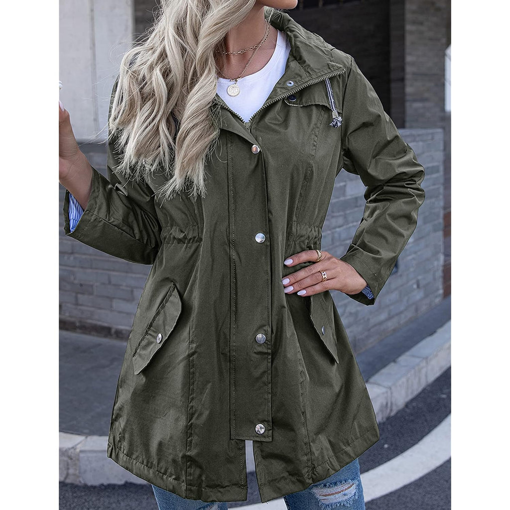 Rain Jacket Women Striped Lined Hooded Lightweight Raincoat Outdoor Waterproof Windbreaker