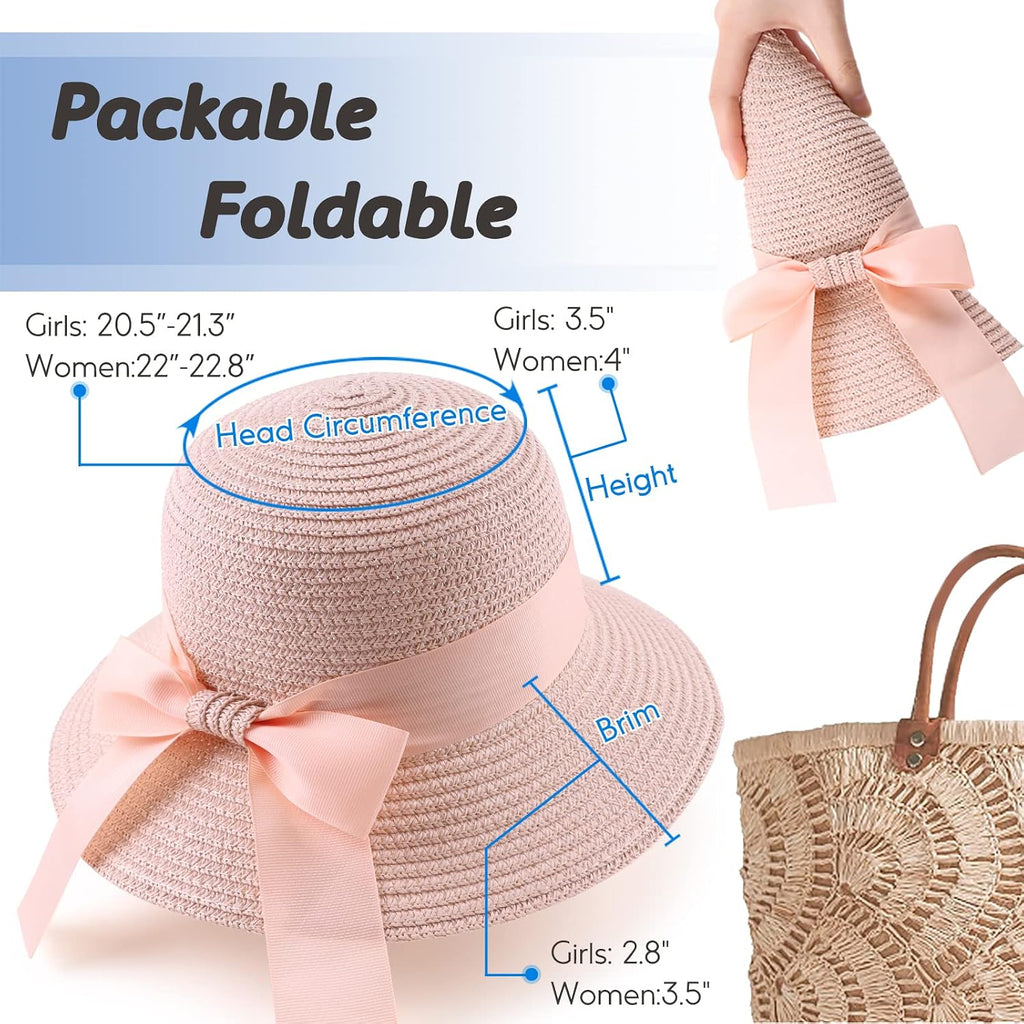 Women,Little Girls Straw Sun Hat Summer Beach Cap Foldable Visor Floppy Hats Wide Brim with Bowknot Pink Bow