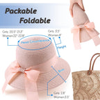 Women,Little Girls Straw Sun Hat Summer Beach Cap Foldable Visor Floppy Hats Wide Brim with Bowknot Pink Bow