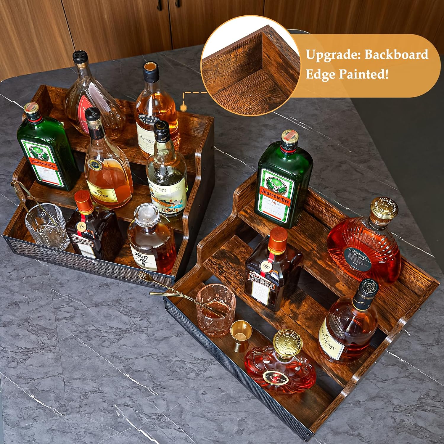 2 Pack 3 Step Countertop Liquor Bottle Display Shelf, Wood Bar Shelves 12 Bottles With Fences, Freestanding Storage Shelves For Liquor Whiskey Wine Coffee Syrup Display, Retro Wine Rack Home