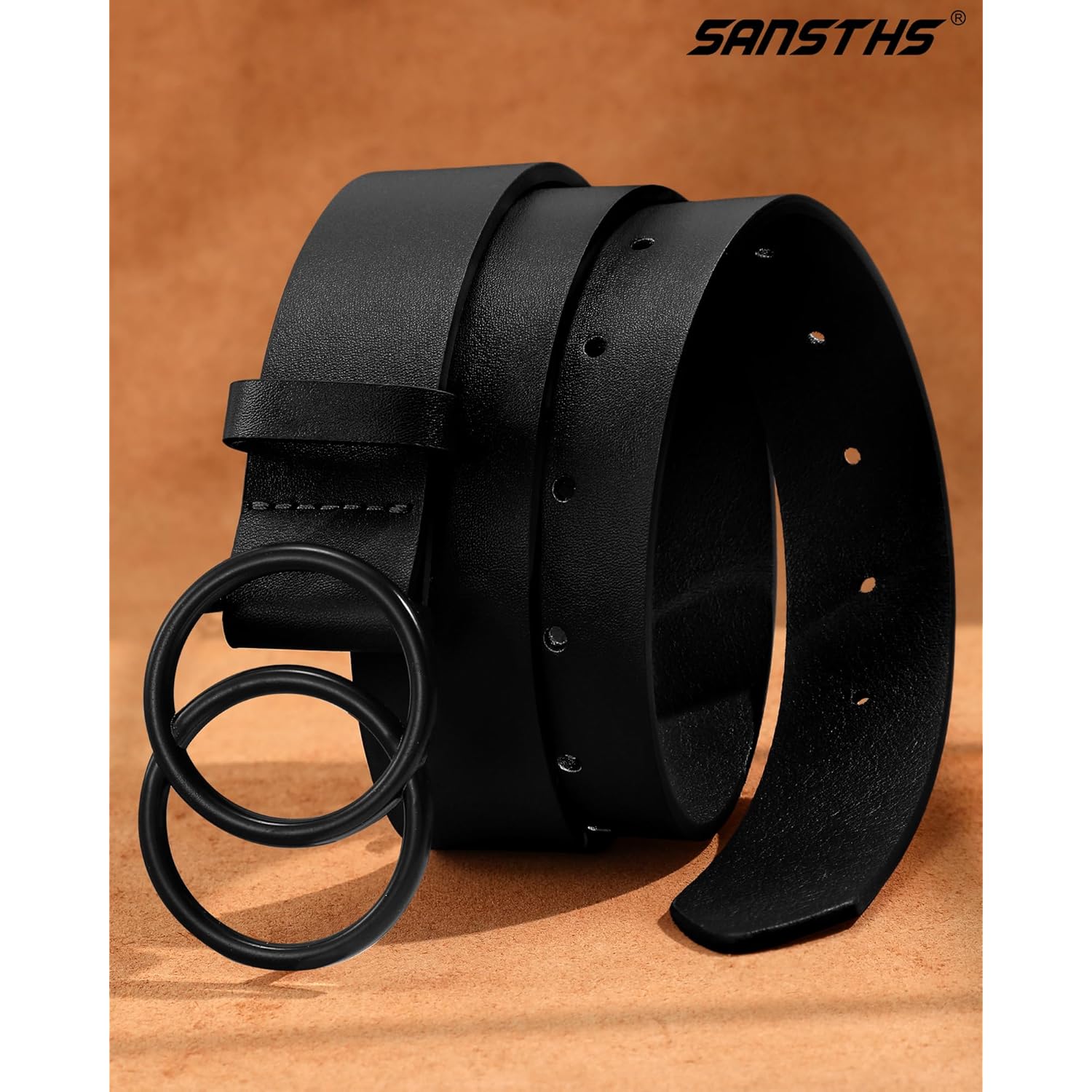 SANSTHS Womens Leather Belt for Jeans Pants Fashion Waist Belts Gold Silver Double Ring Buckle