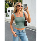 Women's Wide Strap Crop Tank Tops U Neck Flower Going Out Tank Tops Slim Fit Lettuce Print Cropped Camis Top Sleeveless Top(1-Dark Green,Medium)