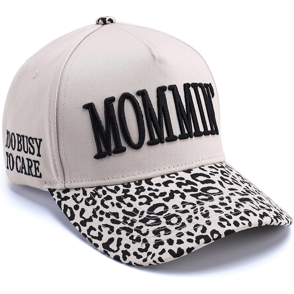 Vintage Two-Tone Trucker Hat Adjustable Baseball Cap with Mommin Embroidery Ponytail Fit Unisex Outdoor Casual Headwear Leopard-01
