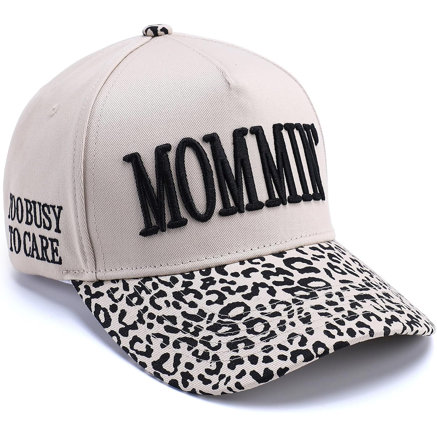 Vintage Two-Tone Trucker Hat Adjustable Baseball Cap with Mommin Embroidery Ponytail Fit Unisex Outdoor Casual Headwear Leopard-01
