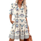 Dokotoo Casual Dresses For Women Lapel Collared V Neck Mid Sleeved Pleated Summer Dresses For Women 2026 Midi Dresses