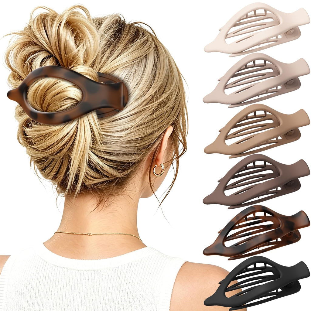 6 Pcs Flat Hair Clips For Women - French Concord Large Flat Claw Clips For Thick Thin Hair, Comfortable Curved Lay Down Duckbill Clips, Matte Non-Slip Strong Hold Hair Accessories, Tortoise & Black