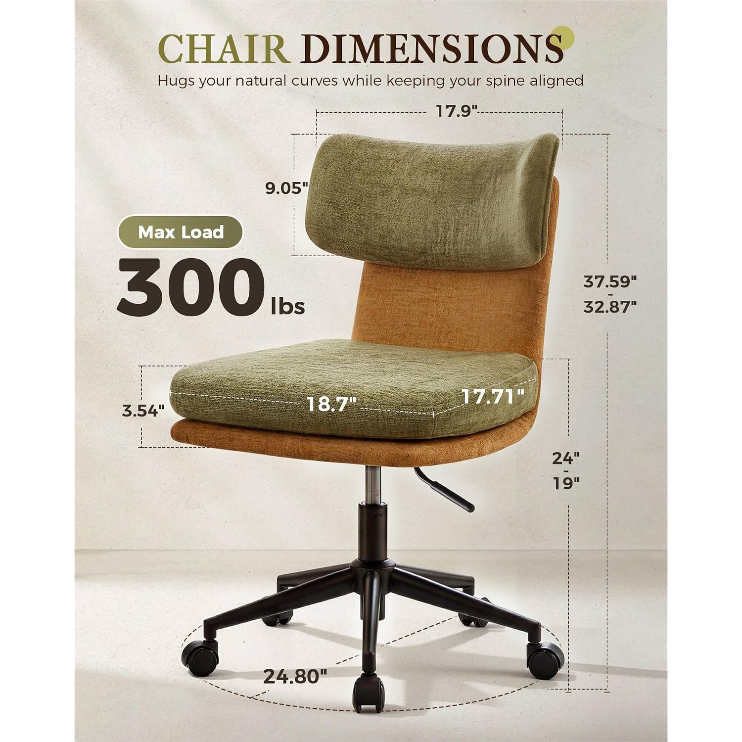 Comhoma Home Office Desk Chairs With Ergonomic Curved Backrest, Mid Century Modern Vanity Chair With Wheel For Bedroom, Chenille Upholstered, Green