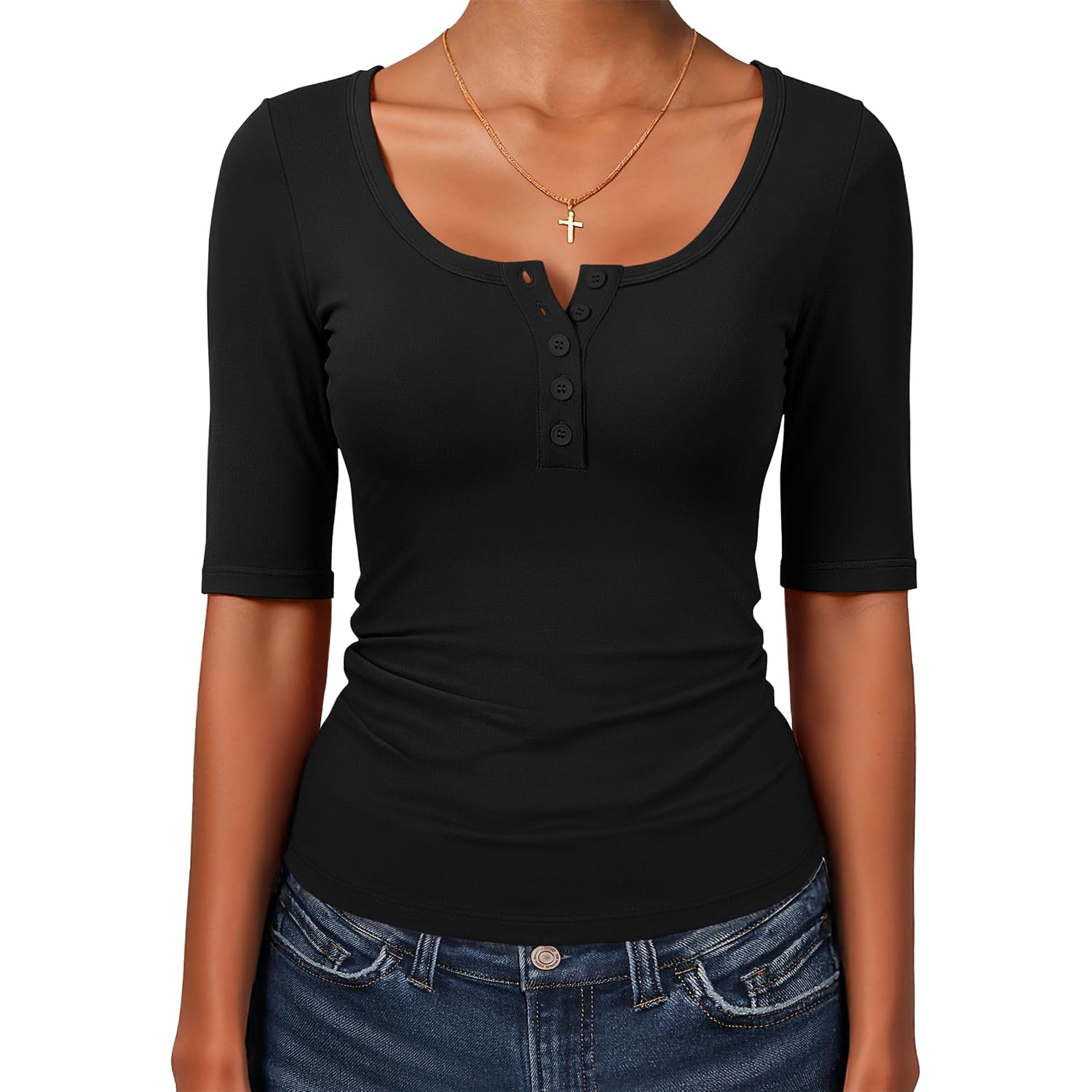 Anrabess Womens Half Sleeve Tops Summer Slim Fitted Henley Shirts 2026 Spring Basic Tees Dressy Casual Blouses Cute T Shirt