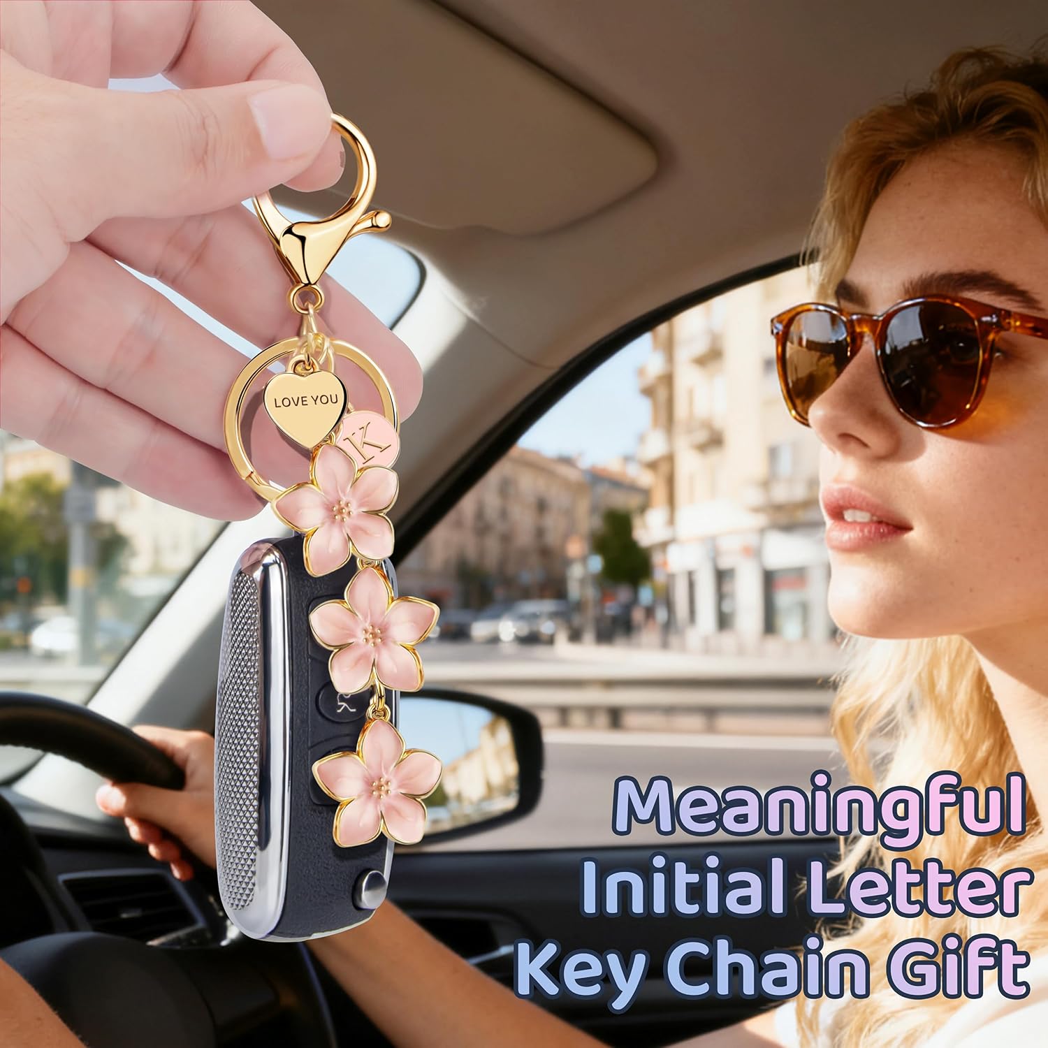 Initial Keychain Big Flower Cute Keychain Girl Purse Charms for Handbag Cute Letter Keyring for Backpack
