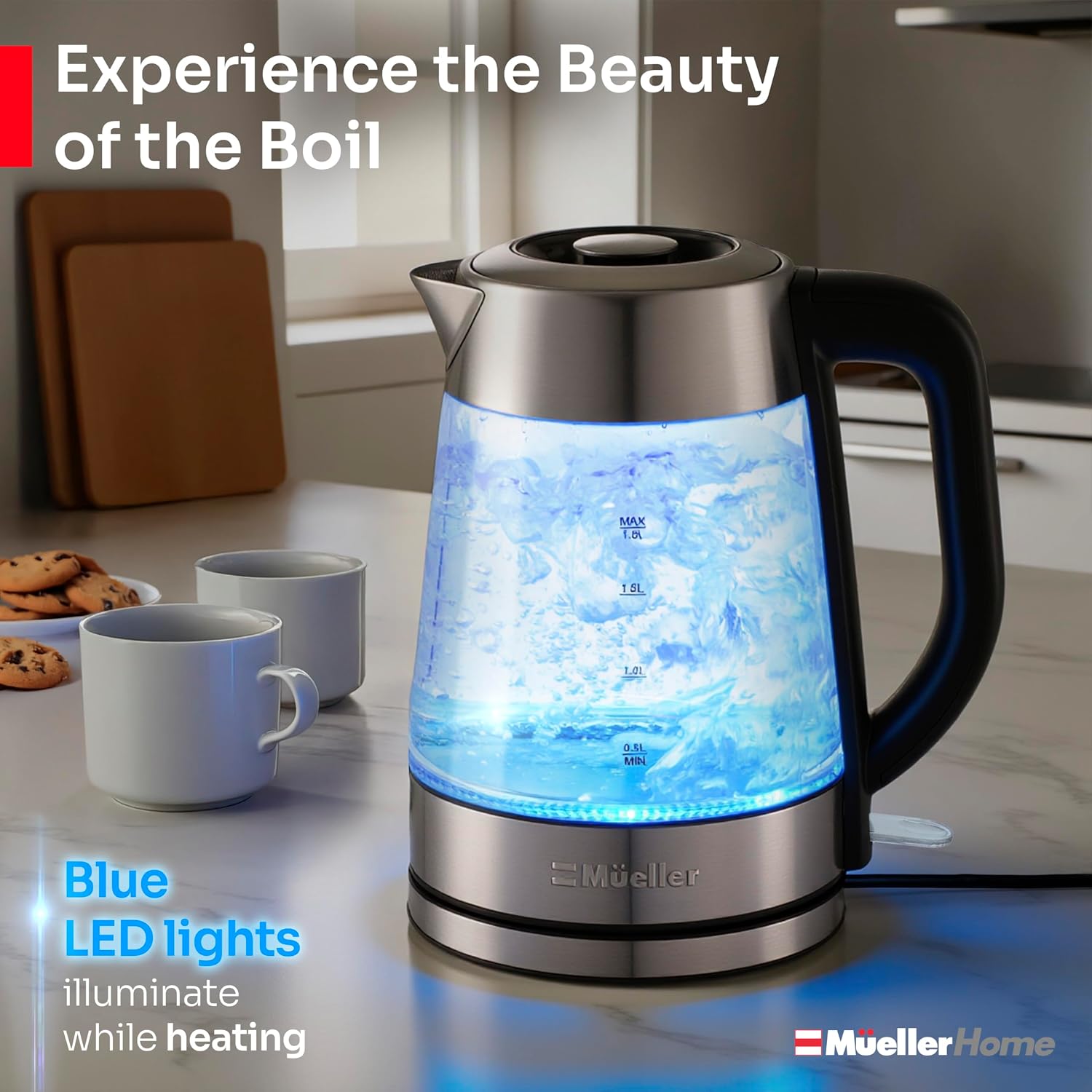 Mueller Home Rapid Boil Electric Tea Kettle 1.8L – Borosilicate Glass & Stainless Steel – Bpa-Free Hot Water Boiler, Led Light, Auto Shut-Off, Boil Dry Protection Fast Water Heater, Kitchen Appliances