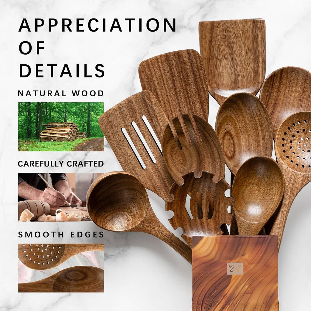Wooden Spoons For Cooking, Nonstick Cooking Utensil Set With 10 Piece Acacia Wooden Spatulas And Spoons For Cooking, Terrific For Everyday Kitchen Tasks