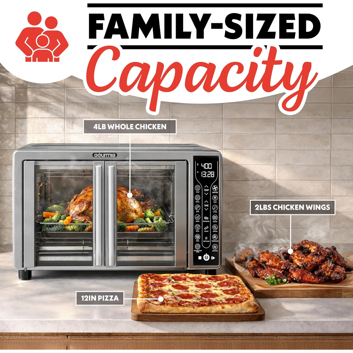 Gourmia French Door Air Fryer – 25 Qt Large Capacity Convection Oven, Fryfroce 360°, Digital Display with 17 Cooking Presets, Bake, Toast, Roast, Dehydrate, Fits 12” Pizza