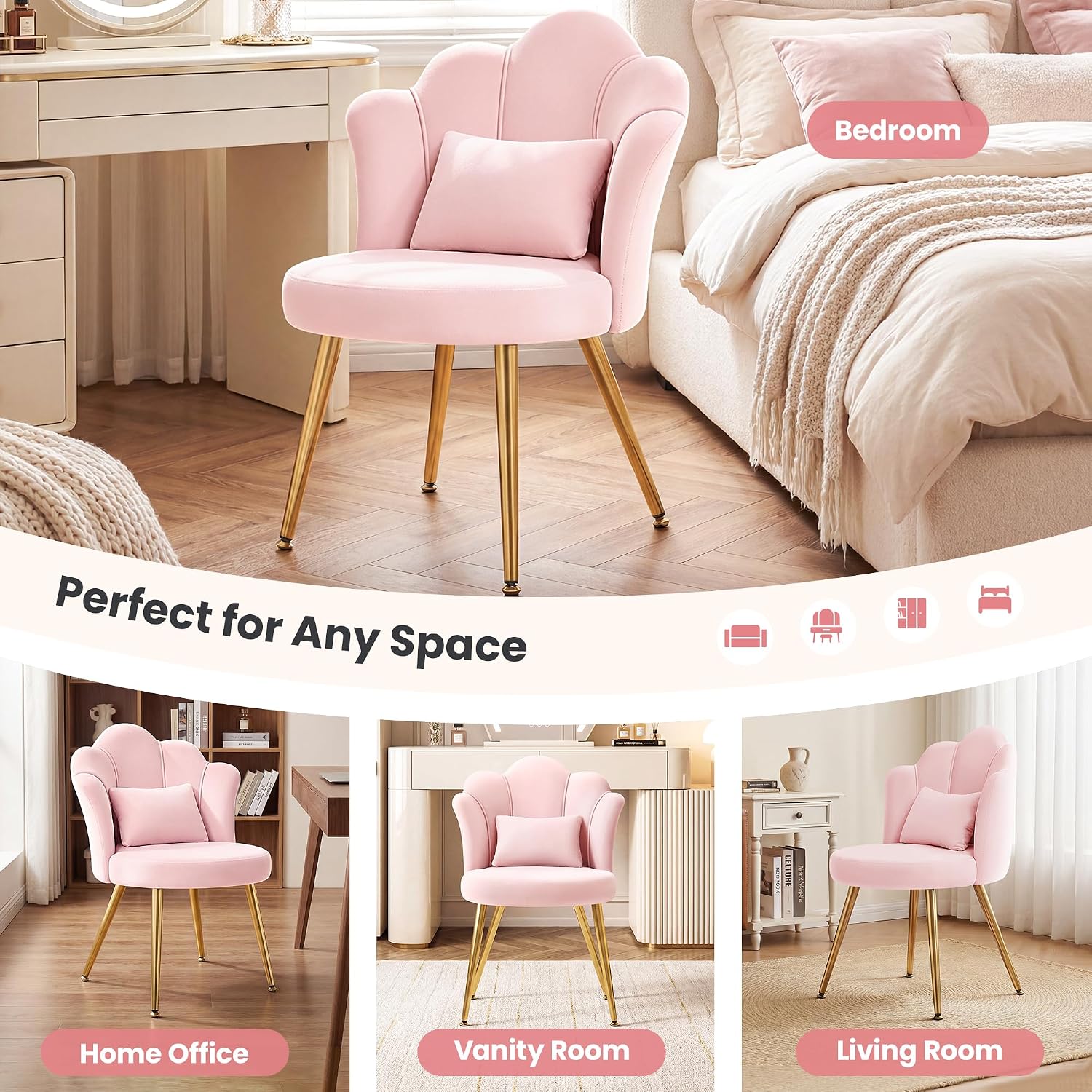 Petal Makeup Vanity Chair With Back, Flower Chair Comfy No Wheels For Girls Women, Makeup Chair With Golden Metal Legs & Lumbar Pillow For Living Room/Makeup Room/Bedroom/Home Office - Pink