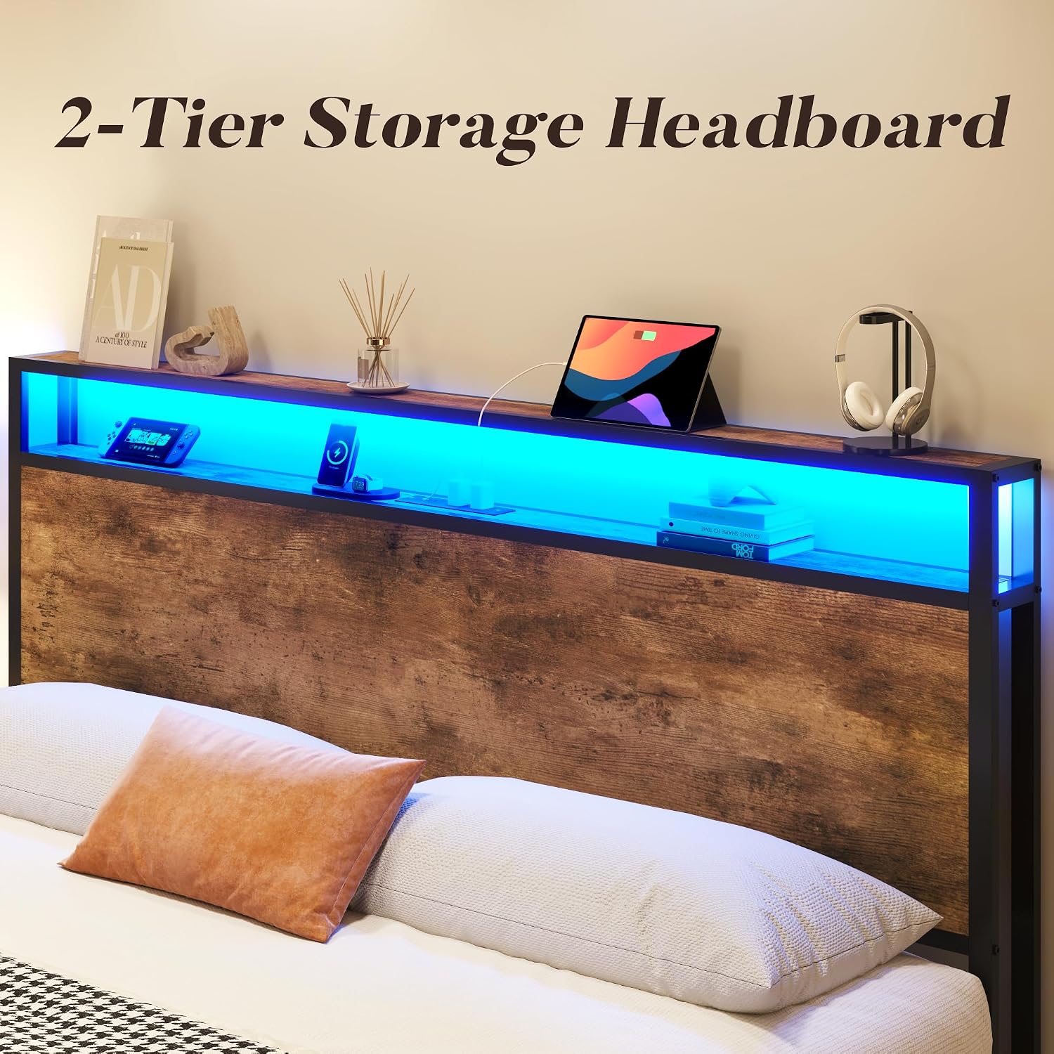 Lifezone Queen Bed Frame With 2-Tier Storage Headboard, Metal Platform Bed Frame With 4 Storage Drawers, Built In Charging Station & Led, Noise-Free/Metal Support/No Box Spring Needed, Vintage Brown