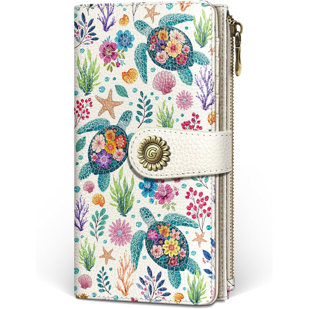 Sea Turtle Womens Wallet Rfid Blocking, Credit Card Holder Bifold, Pu Leather Travel Billfold, Long Cute Cash Purse, Zipper Coin Pocket Clutch, 1 Id Window, 11 Card Slot, Ladies Gift Woman