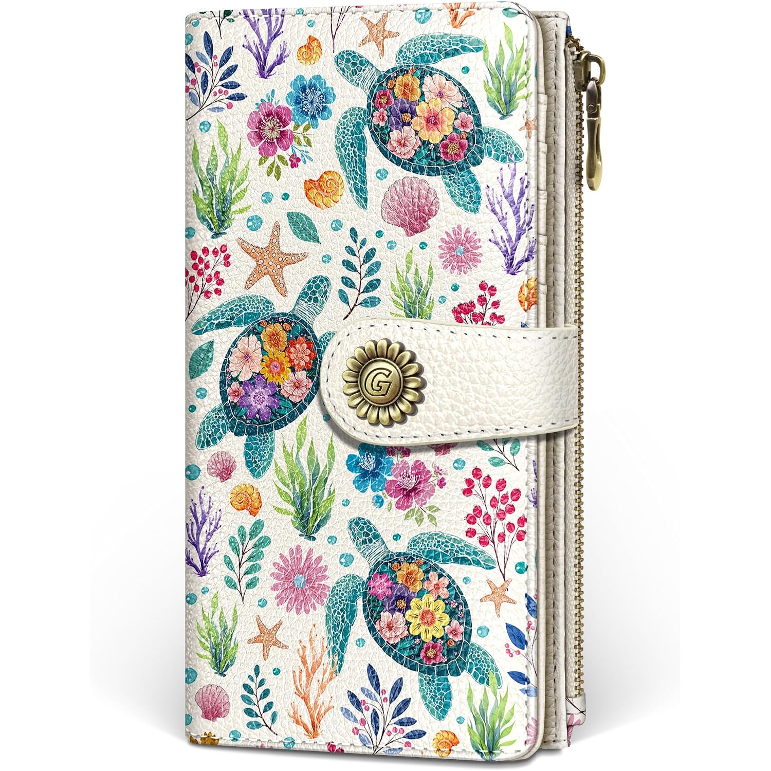 Sea Turtle Womens Wallet Rfid Blocking, Credit Card Holder Bifold, Pu Leather Travel Billfold, Long Cute Cash Purse, Zipper Coin Pocket Clutch, 1 Id Window, 11 Card Slot, Ladies Gift Woman