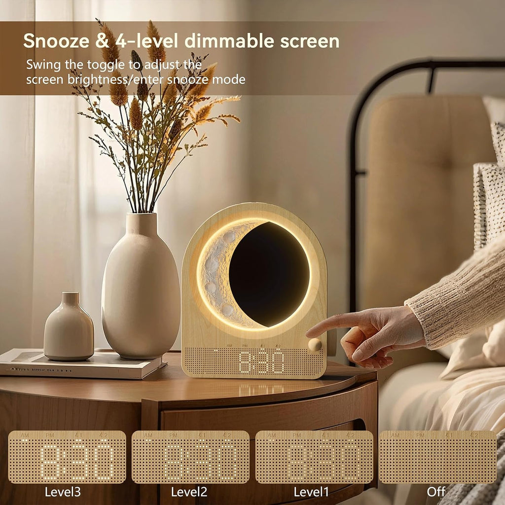 Sunrise Alarm Clocks For Bedrooms, Stepless Dimmable Moon Lamp Dual Alarm Clock With 12Levels Volume For Heavy Sleepers, 10 Natural Sounds With 30/60/90Mins Timer, Gifts For Women