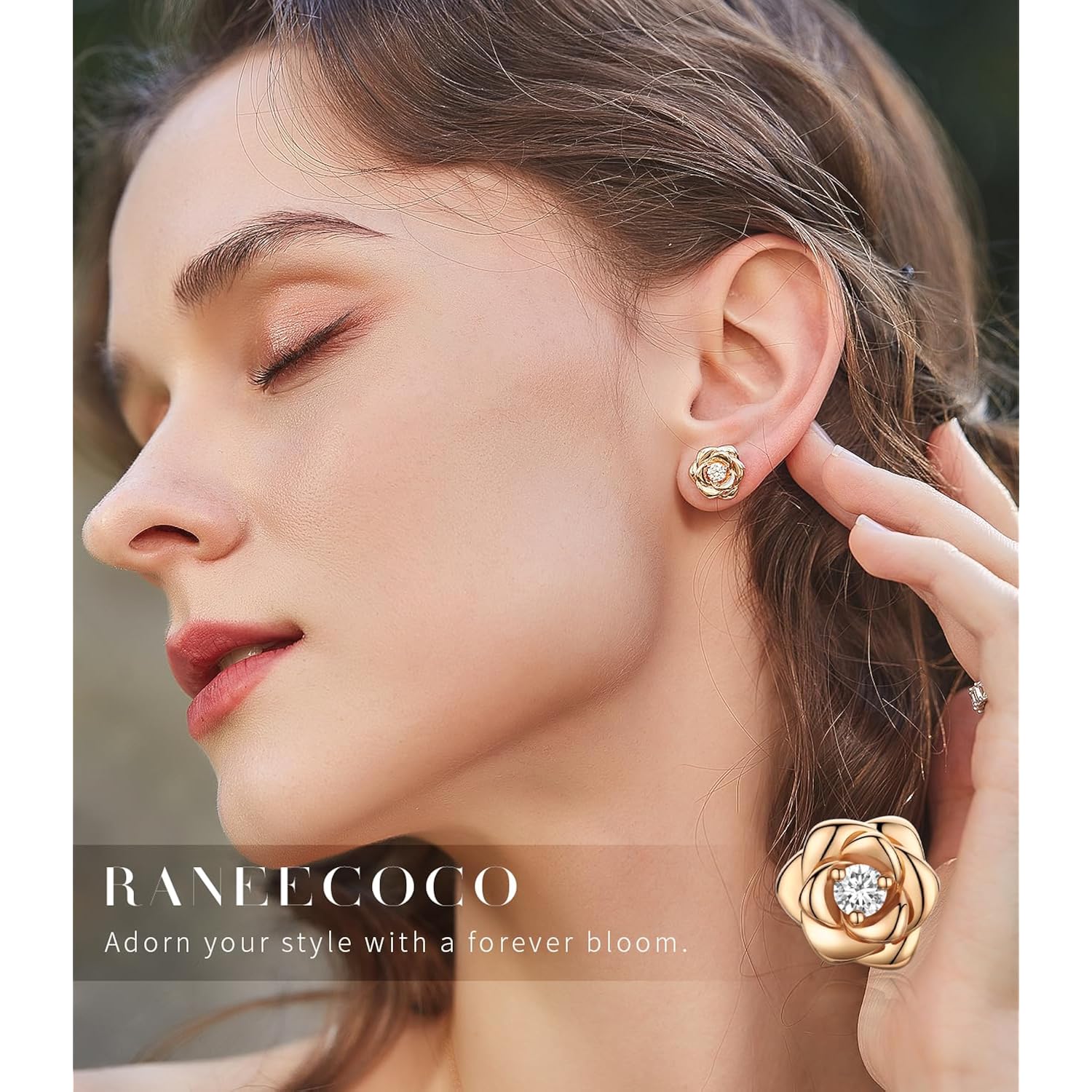 Gold Plated Sterling Silver Rose Flower Earring Studs, Hypoallergenic & Nickel Free Earrings for Women