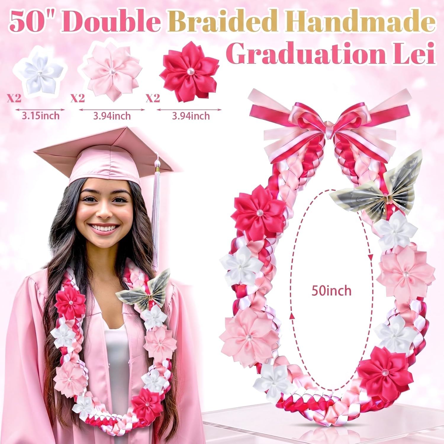 Lyrow 50" Graduation Lei 2026 Double Braided Graduation Ribbon Money Lei with 4 Satin Flower Handmade Grad Necklace Class of 2026 Grad Gift Accessories for Men Women