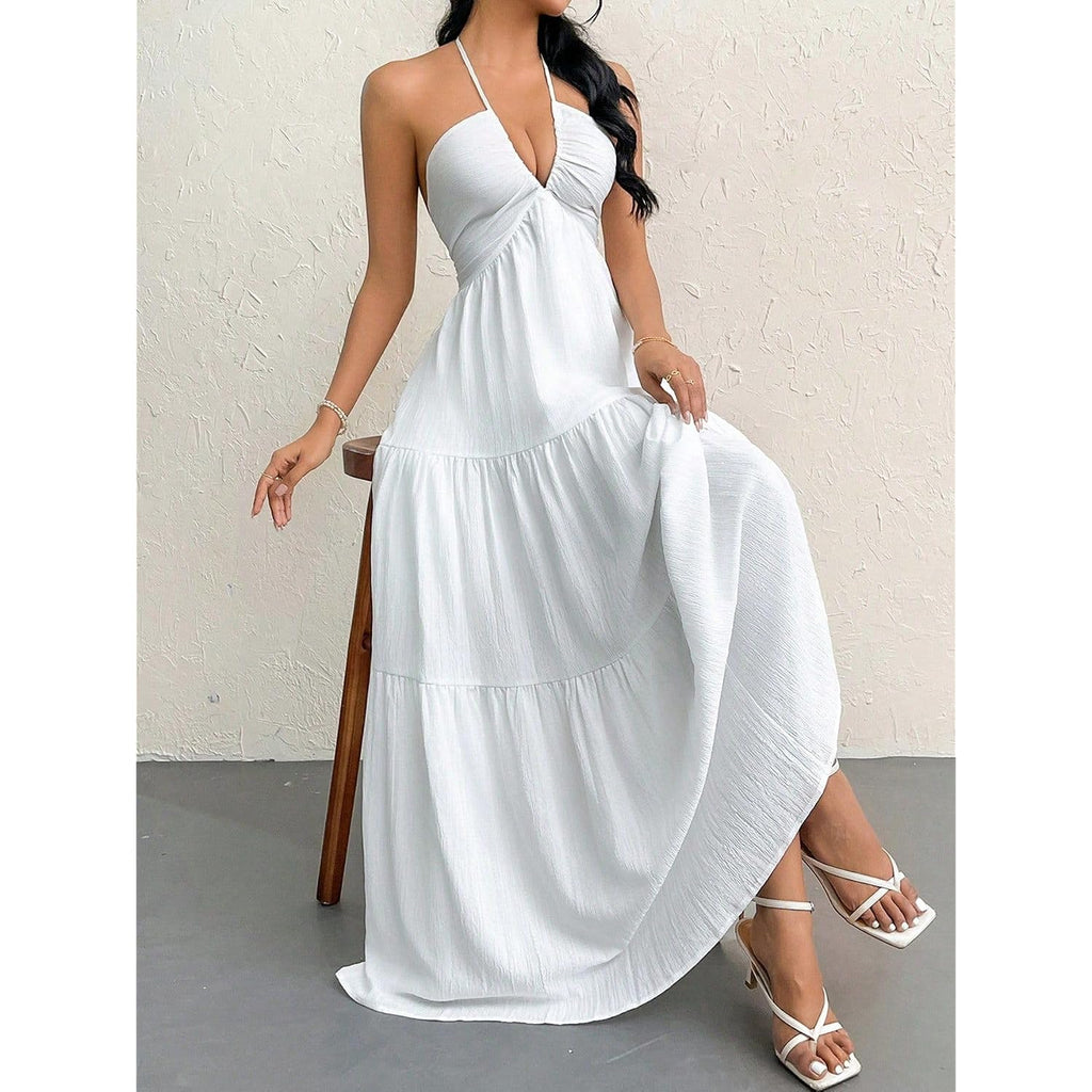 Narecte Women'S Maxi Summer Dresses Halter V Neck Beach Dresses For Women A-Line Casual Dress For Vacation