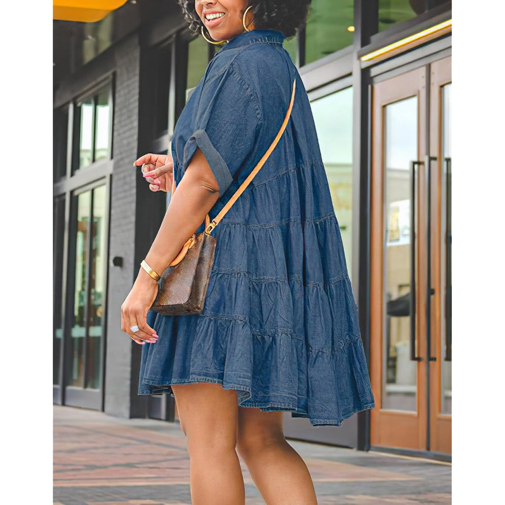 Womens Denim Babydoll Dresses Summer Outfits Button Down Ruffle Tiered Jean Dress