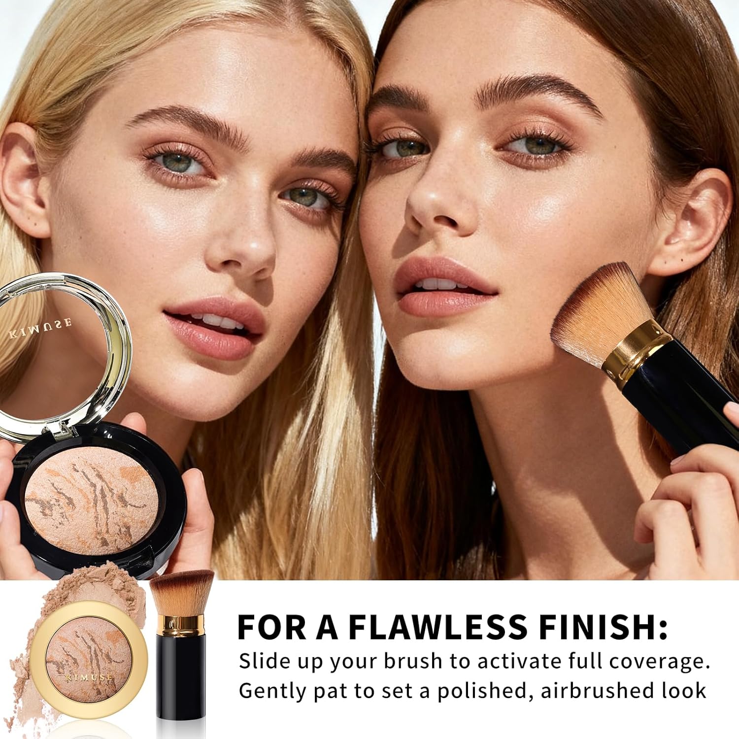 KIMUSE Baked Foundation - Brighten Color Correcting Powder Foundation with Retractable Kabuki Brush Makeup Set for Mature Skin, Buildable Coverage, Radiant Natural Finish