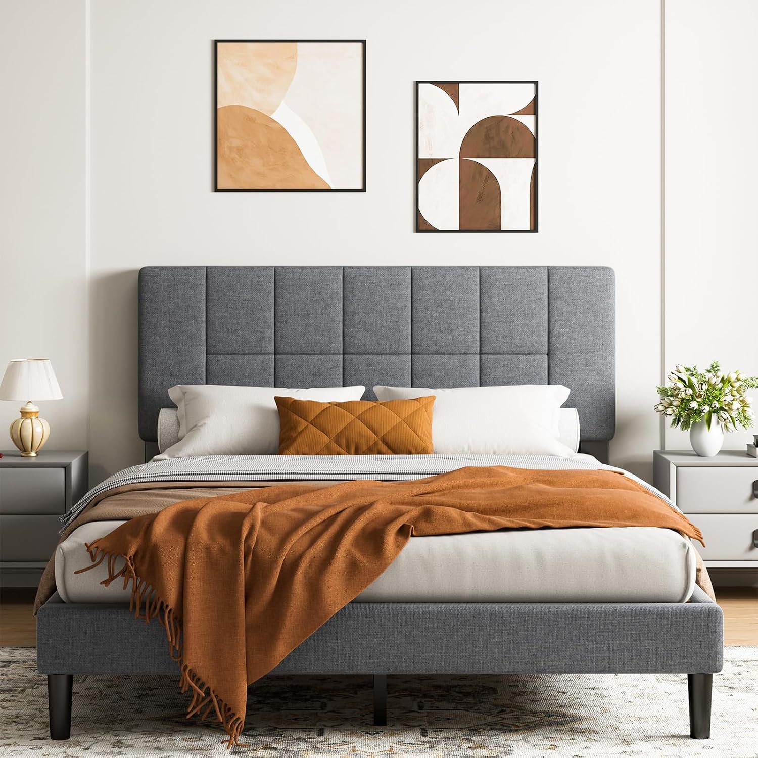 Marsail Queen Size Bed Frame, Sturdy And Durable With 12 Support Legs, 1300 Lbs Capacity, Solid Wooden Upholstered Adjustable Headboard For 6"-12" Mattresses, Easy Assembly, Ideal Height, Dark Gray