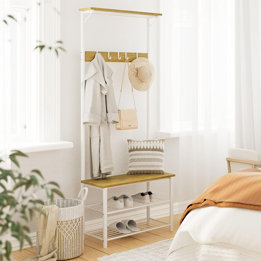 Hall Tree With Bench And Shoe Storage, 3-In-1 Coat Rack Shoe Bench, Freestanding Wooden Coat Rack With Metal Frame, 3-Tier Storage Shelf And 5 Removable Hooks, White