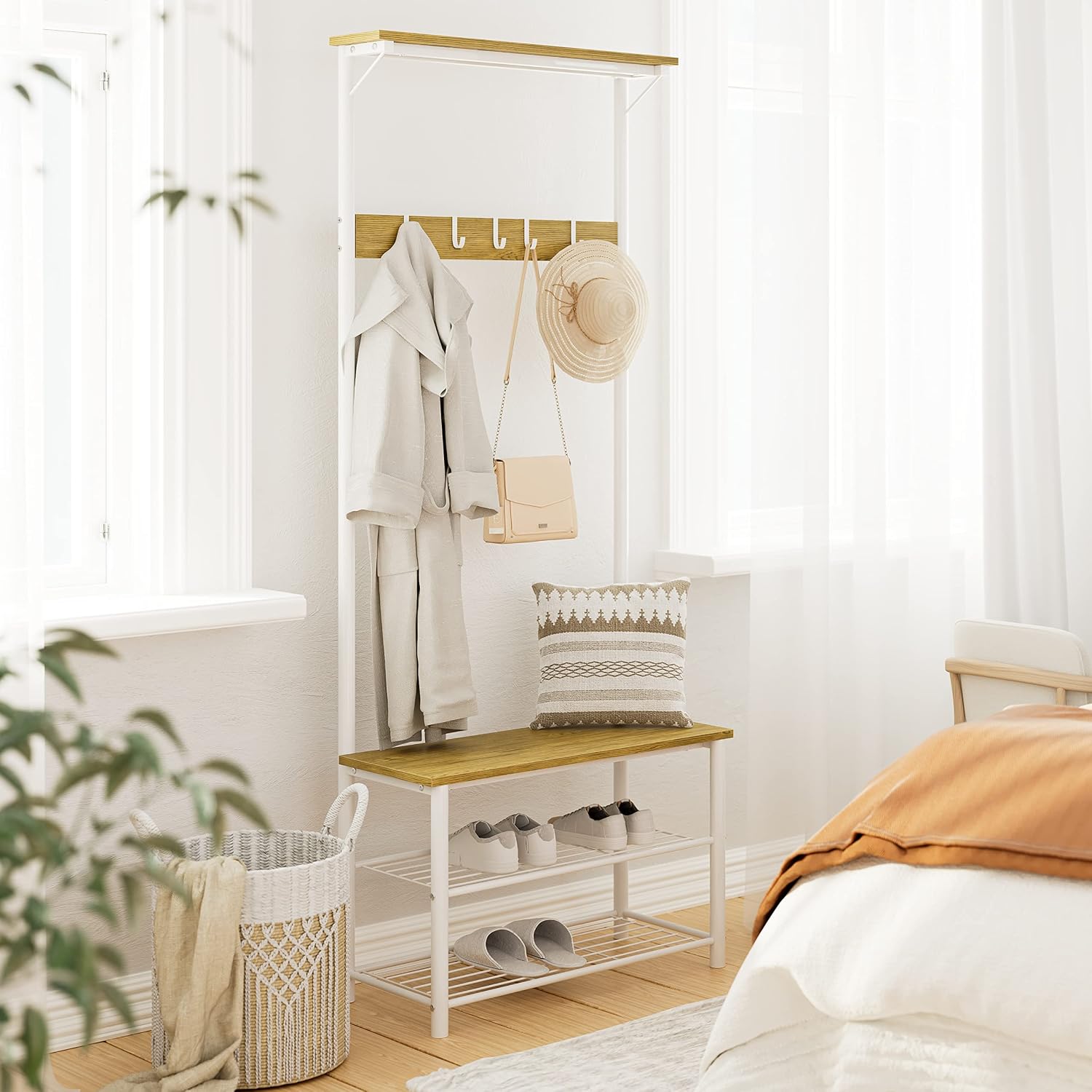 Hall Tree With Bench And Shoe Storage, 3-In-1 Coat Rack Shoe Bench, Freestanding Wooden Coat Rack With Metal Frame, 3-Tier Storage Shelf And 5 Removable Hooks, White