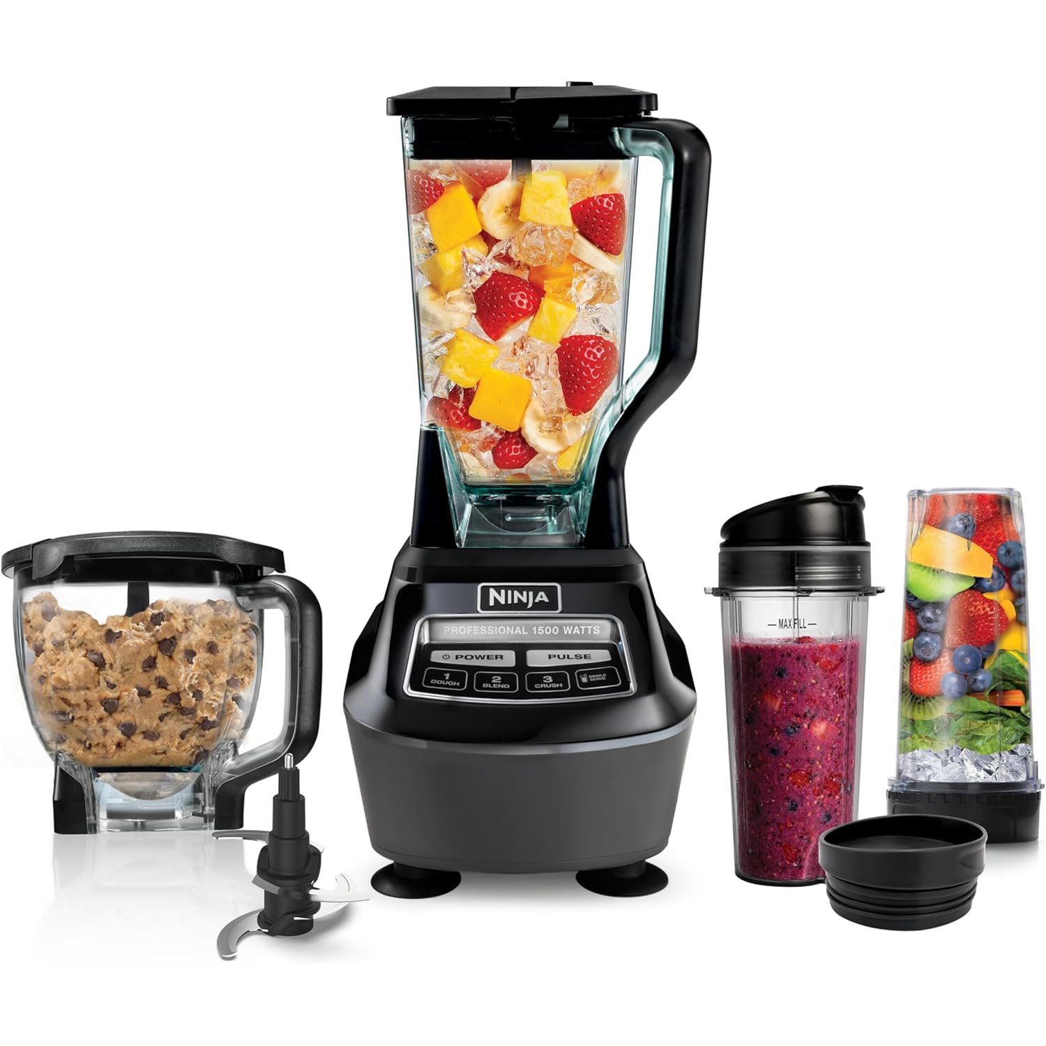 Ninja Kitchen System | All-in-One Food Processor & Blender for Smoothies | Includes Pitcher, (2) 16 oz. To-Go Cups & 8-Cup Bowl | Makes Salsa, Dough, Shakes, & Frozen Drinks | 1500W | Black | BL770