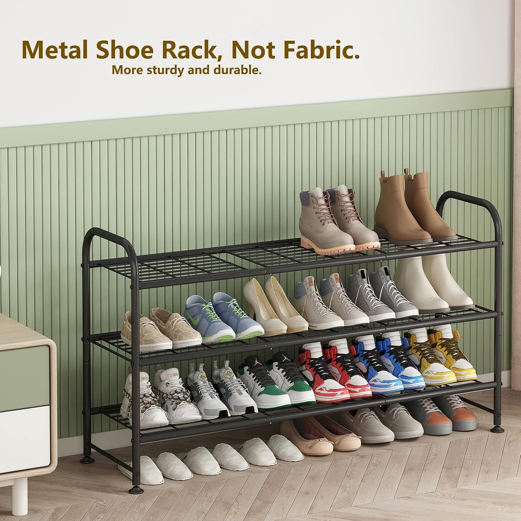 Linzinar Shoe Rack Long 3 Tier Metal Shoe Organizer Metal Wide Shoe Shelf For Closet Entryway Bedroom Large Capacity Black