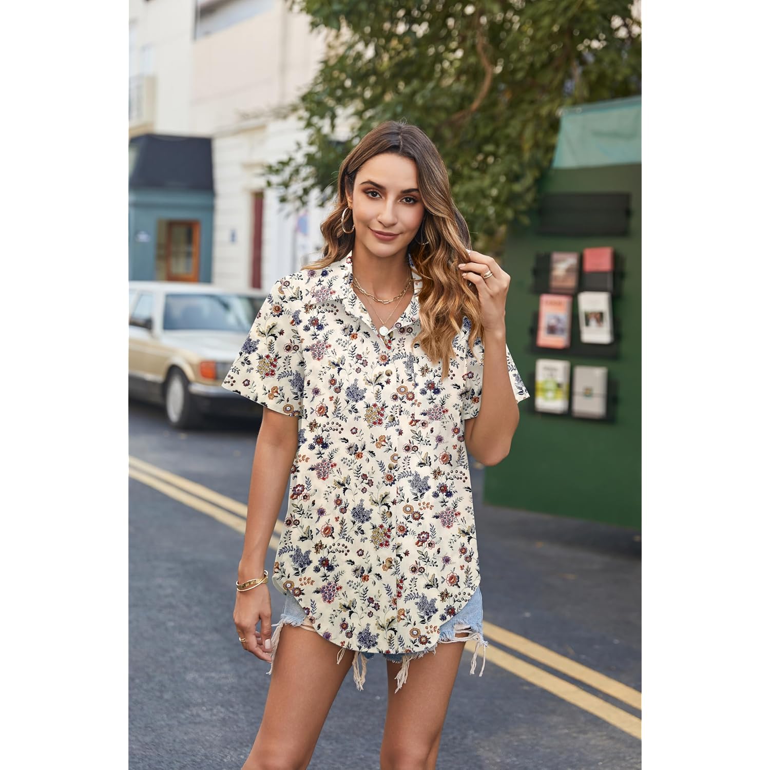 Cotton Linen Button Down Shirt for Women V Neck Collared Blouse Casual Short Sleeve Tops with Pocket