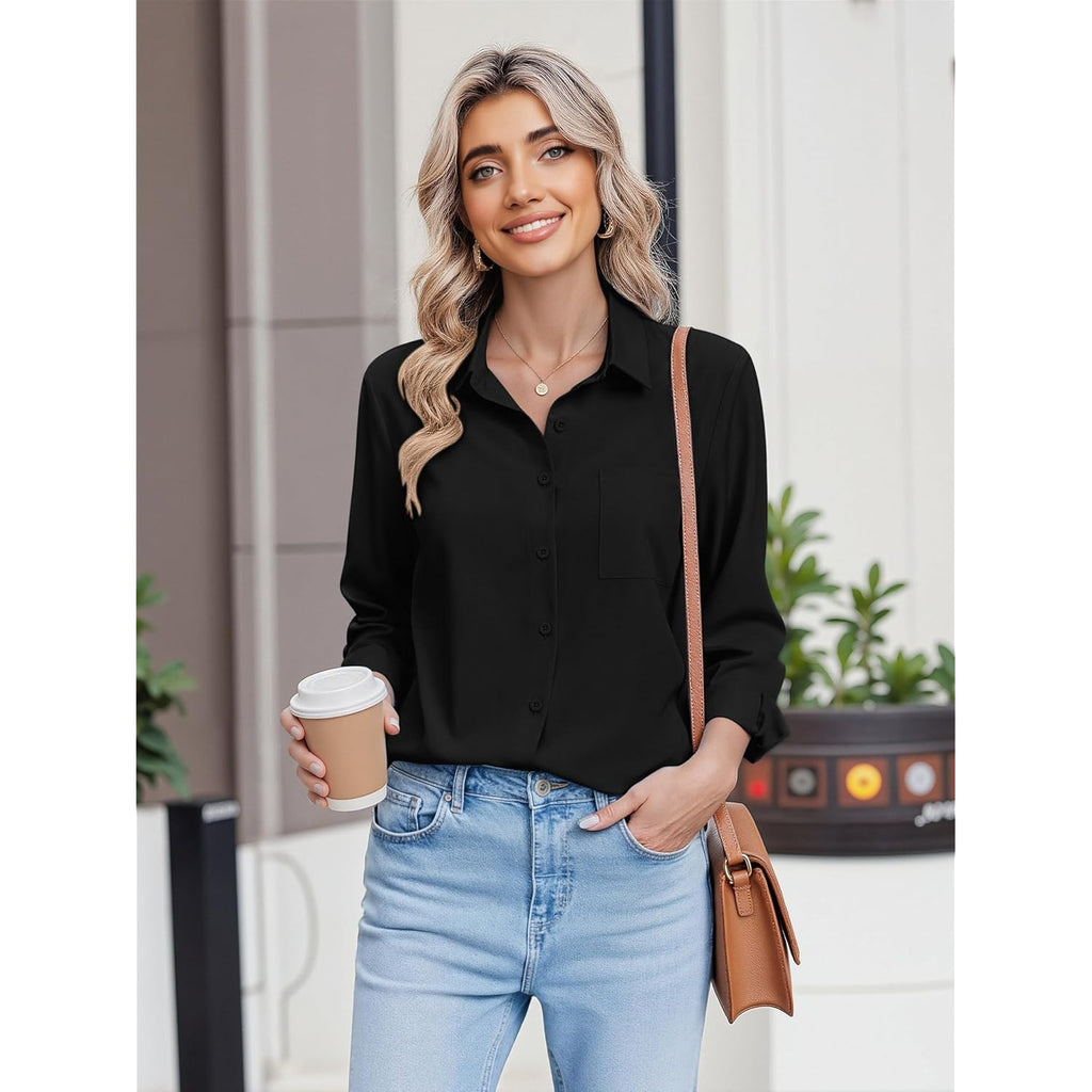 Button Down Shirts for Women Long Sleeve Blouse Dressy Casual Business Work Tops with Pocket