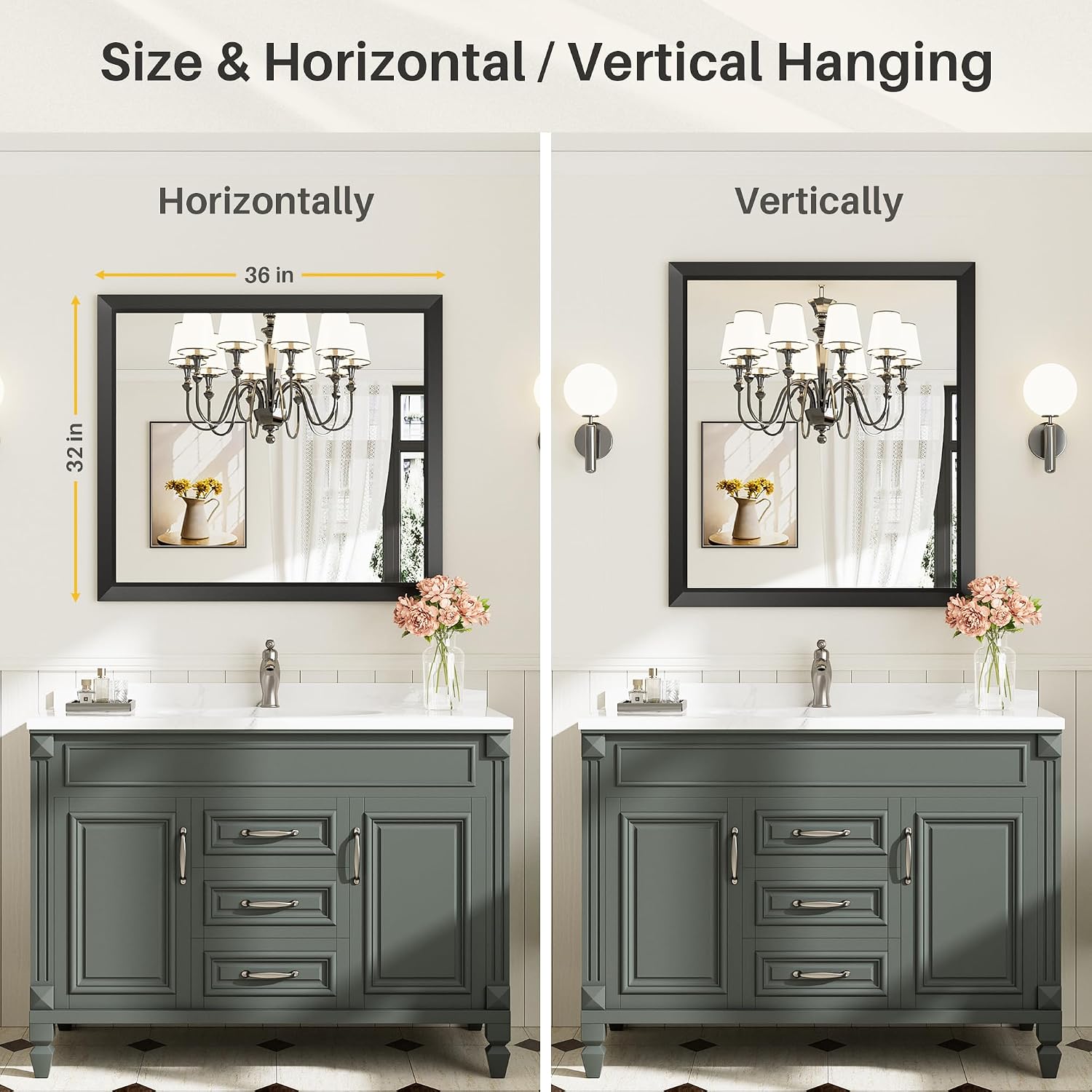 36X32 Inch Black Bathroom Mirror For Wall, Thick Metal Framed Rectangle Mirrors For Over Sink, Bedroom, Living Room, Entryway, Anti-Rust, Hd Tempered Glass