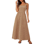 Prettygarden Women'S 2026 Summer Spaghetti Strap Maxi Dresses Plaid Square Neck A Line Casual Beach Vacation Long Sundress
