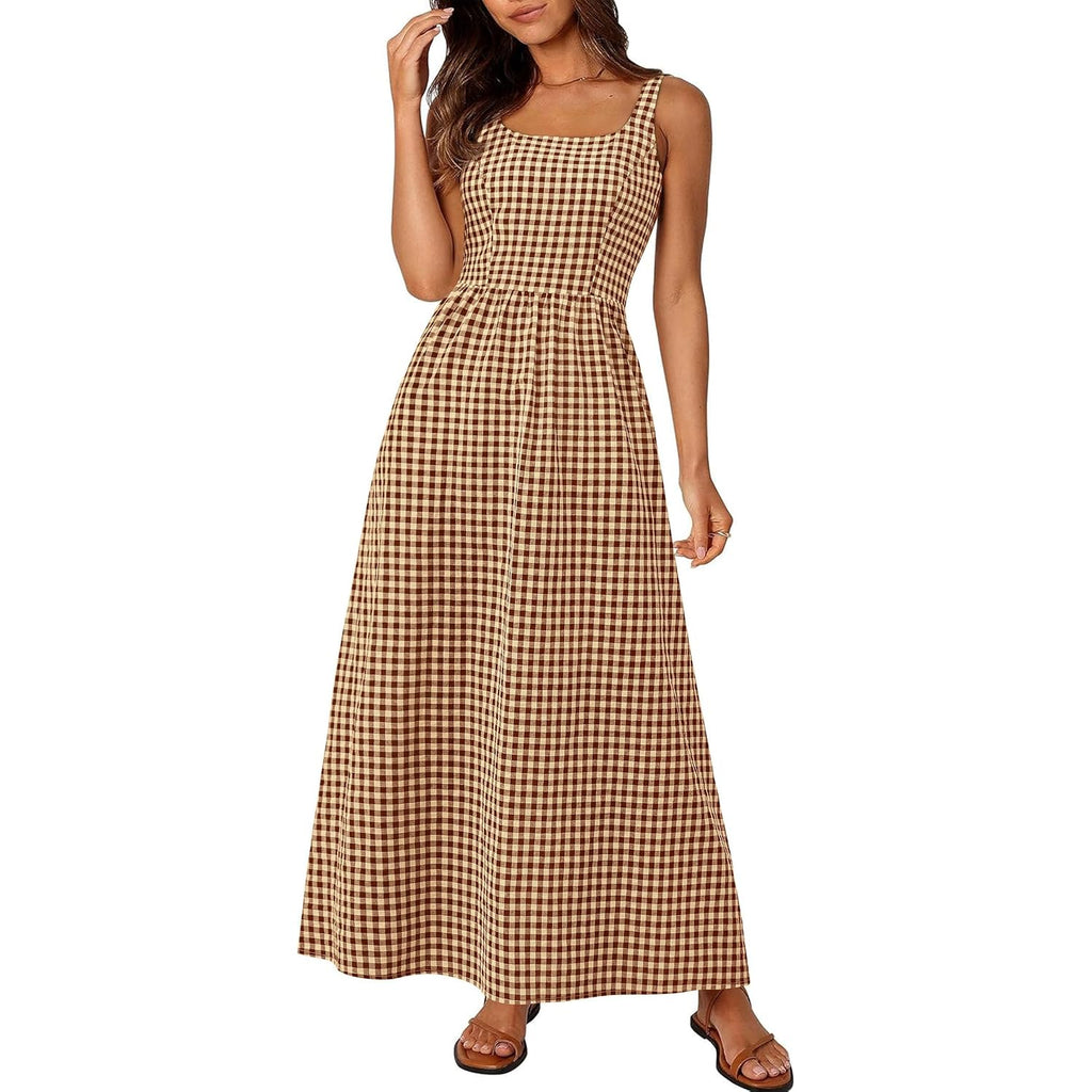 Prettygarden Women'S 2026 Summer Spaghetti Strap Maxi Dresses Plaid Square Neck A Line Casual Beach Vacation Long Sundress