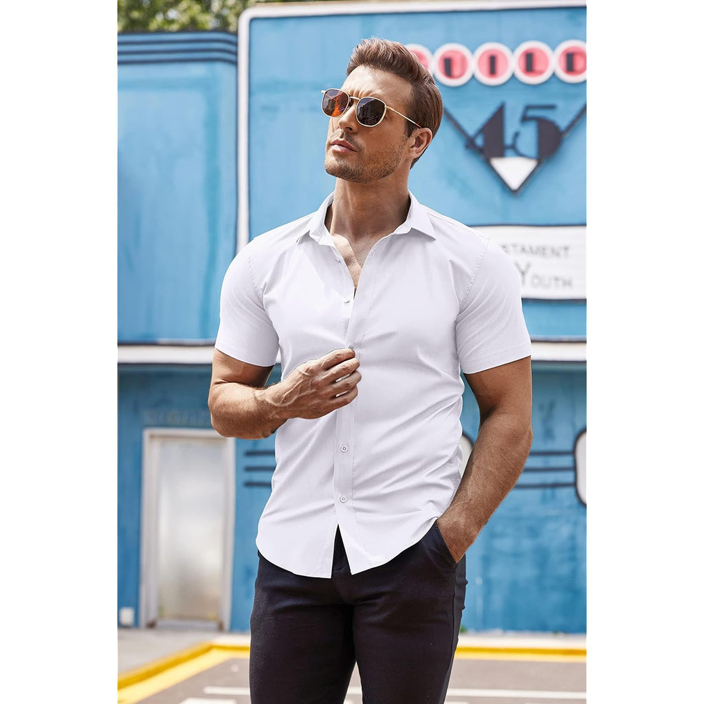 Coofandy Men'S Muscle Fit Dress Shirts Wrinkle-Free Short Sleeve Casual Button Down Shirt