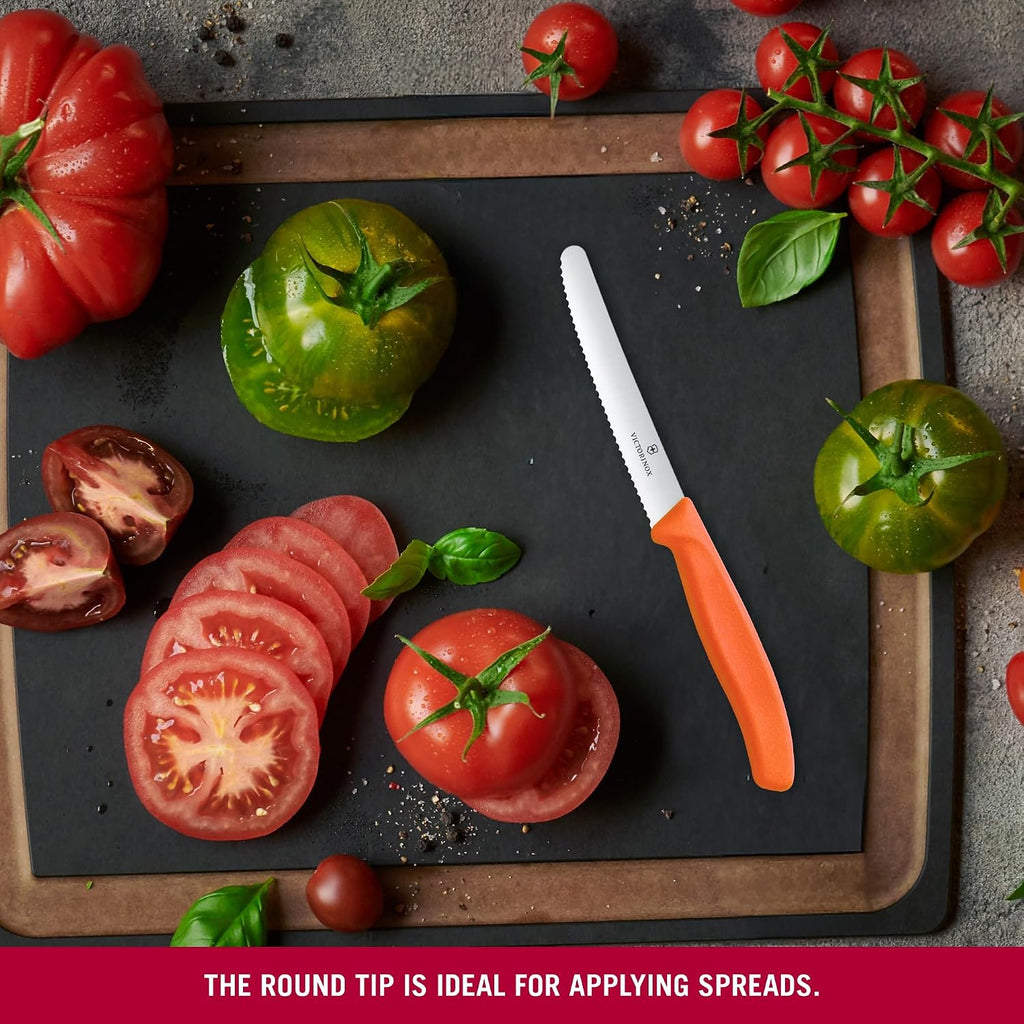 Victorinox Swiss Classic 4 In Serrated Round Tip Tomato & Table Knife | Sharp Wavy Edge Stainless Steel Blade With A Durable, Dishwasher Safe Polypropylene Handle For Precise Vegetable Slicing