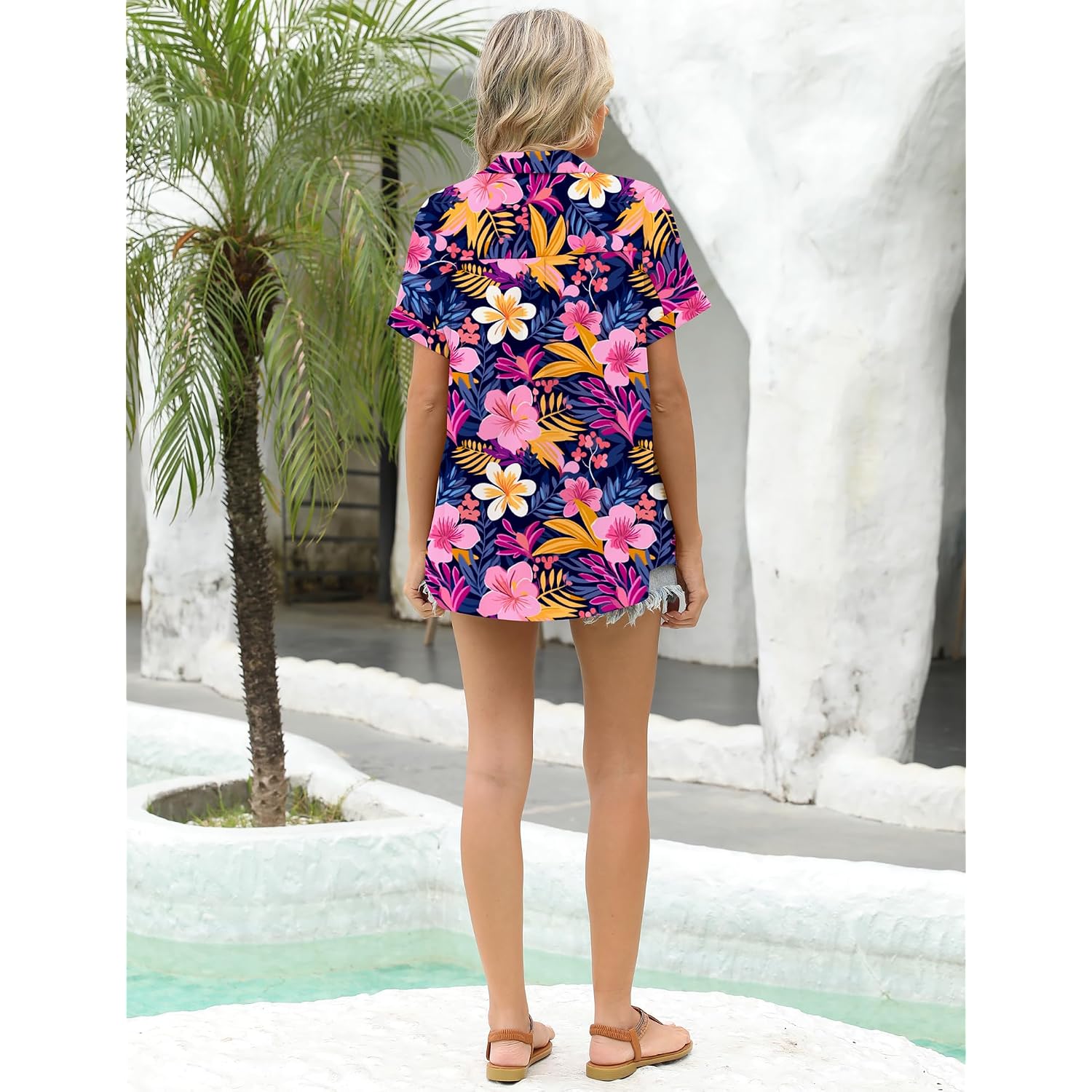 Lomon Women'S Summer Hawaiian Shirts Floral Short Sleeve Button Down Shirts Hawaii Tropical Beach Tops Outfits