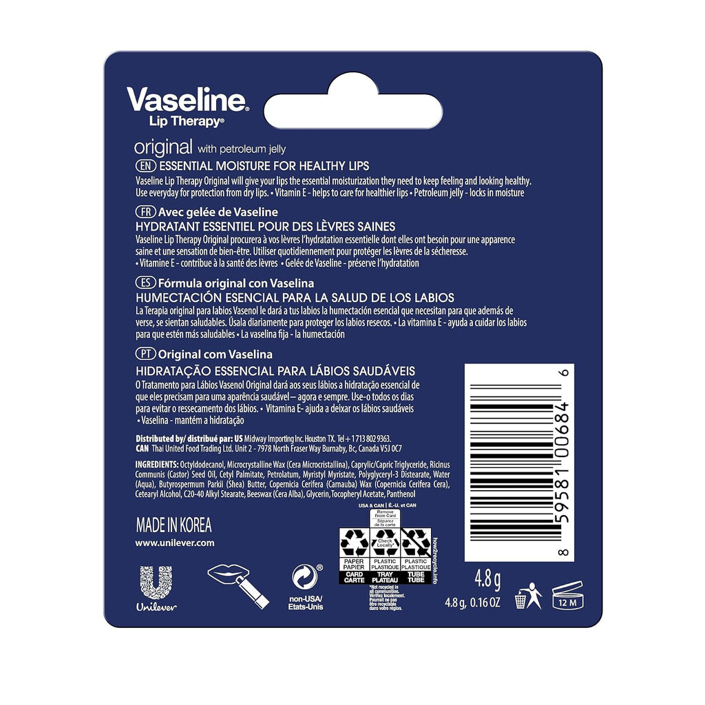 Vaseline Lip Therapy Care Original, Fast-Acting Nourishment, Ideal For Chapped, Dry, Cracked, Or Damaged Lips, Lip Balm, 0.16 Ounce (Pack Of 4)