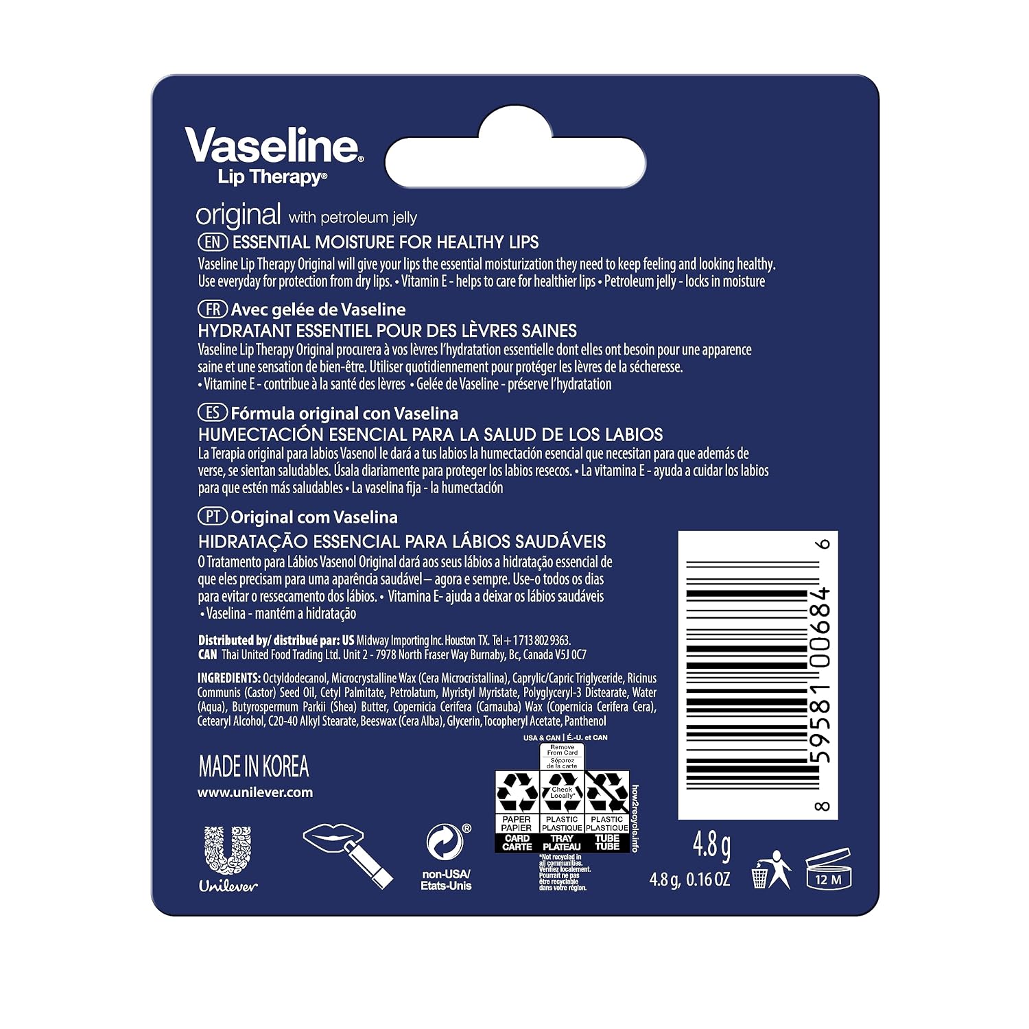 Vaseline Lip Therapy Care Original, Fast-Acting Nourishment, Ideal For Chapped, Dry, Cracked, Or Damaged Lips, Lip Balm, 0.16 Ounce (Pack Of 4)