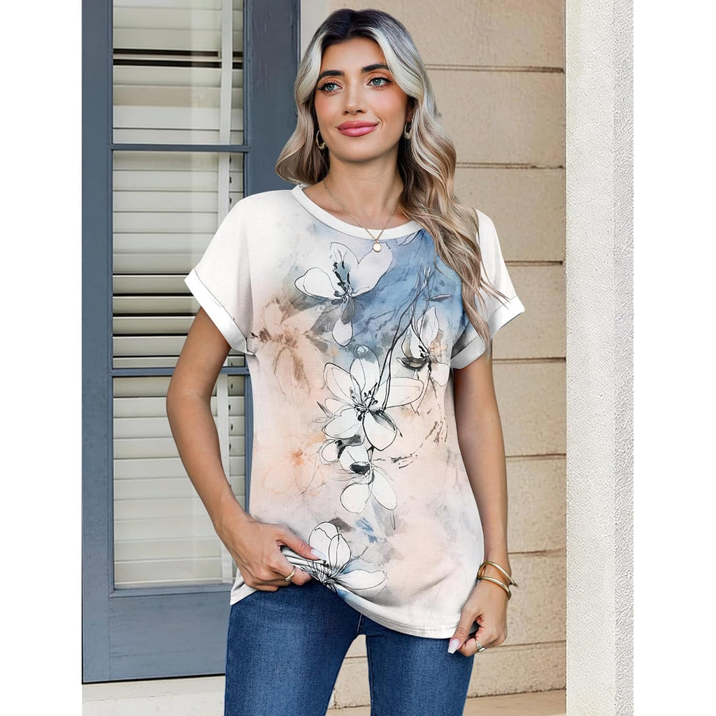 Womens Tops Short Sleeve Cute Summer Blouses Crew Neck Dressy Casual T Shirts Work Clothes S-2XL