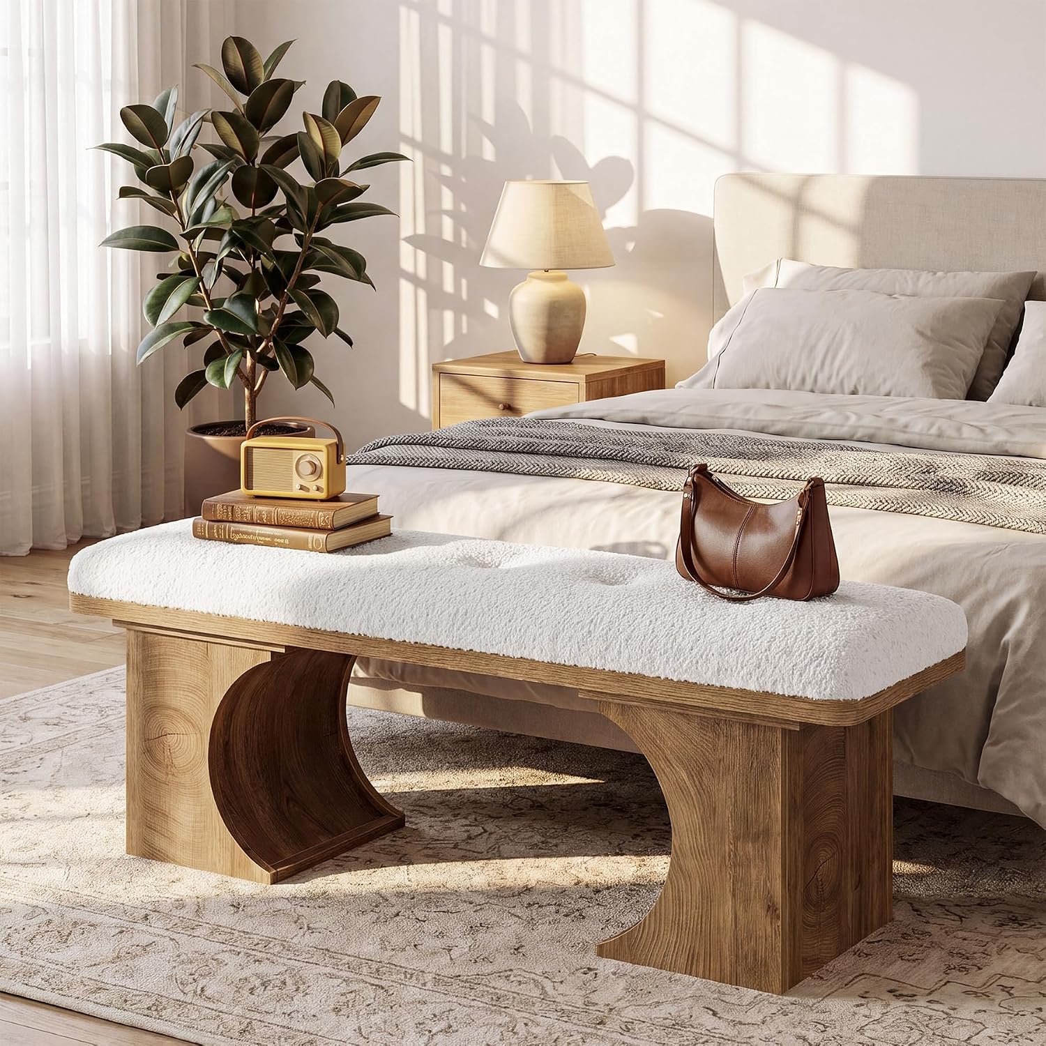 Tribesigns 47.24-Inch Upholstered Entryway Bench, Modern Rustic Shoe Bench With Soft Cushion And Curved Wooden Legs, End Of Bed Footrest For Bedroom, Foyer, Off-White And Brown