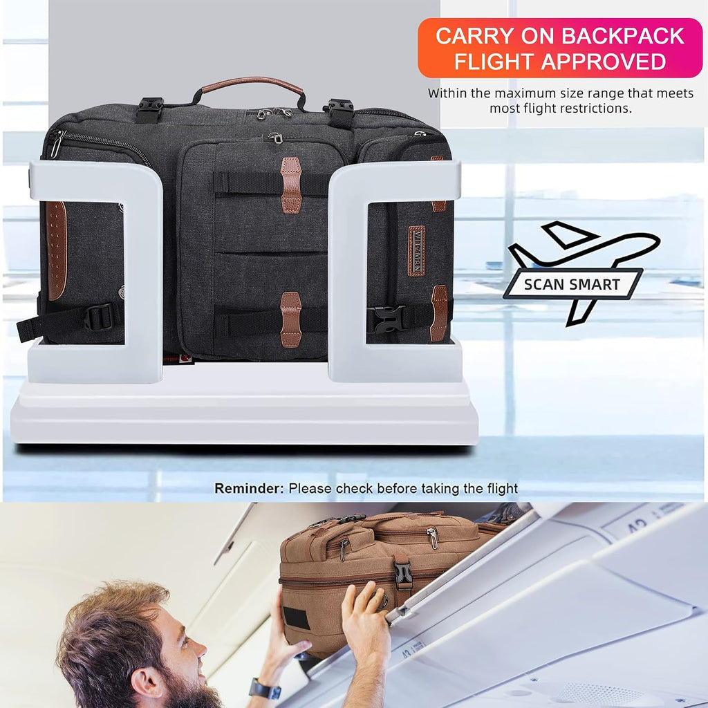 Witzman Travel Backpack For Men 40L Large Carry-On Airline Approved | Canvas 3 In 1 Duffle Luggage Bag Fits 16“ Laptop, Shoe Compartment, For Weekend Getaway, Overnight Trip