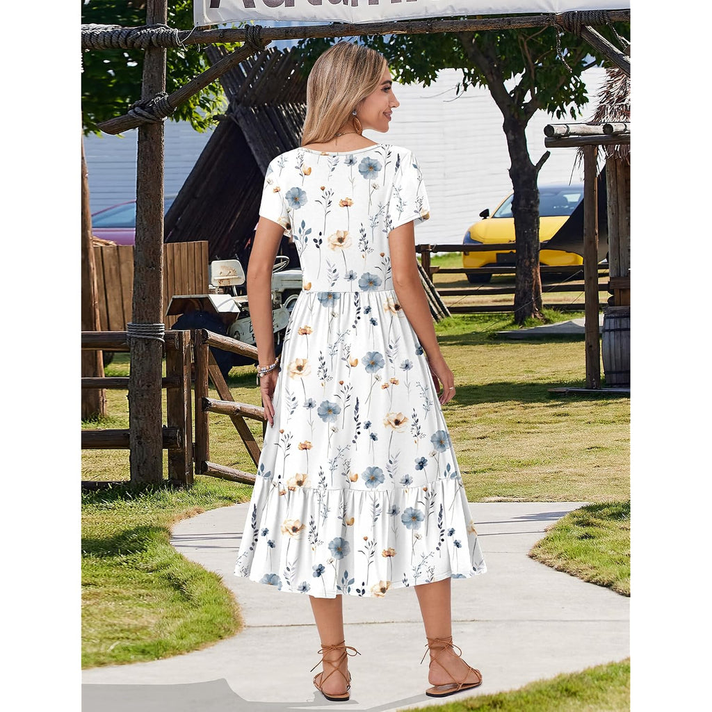 Zeagoo Women Summer Midi A Line Dress Short Sleeve Casual Flowy Tiered Beach Long Sundress With Pockets 2026 Vacation Travel