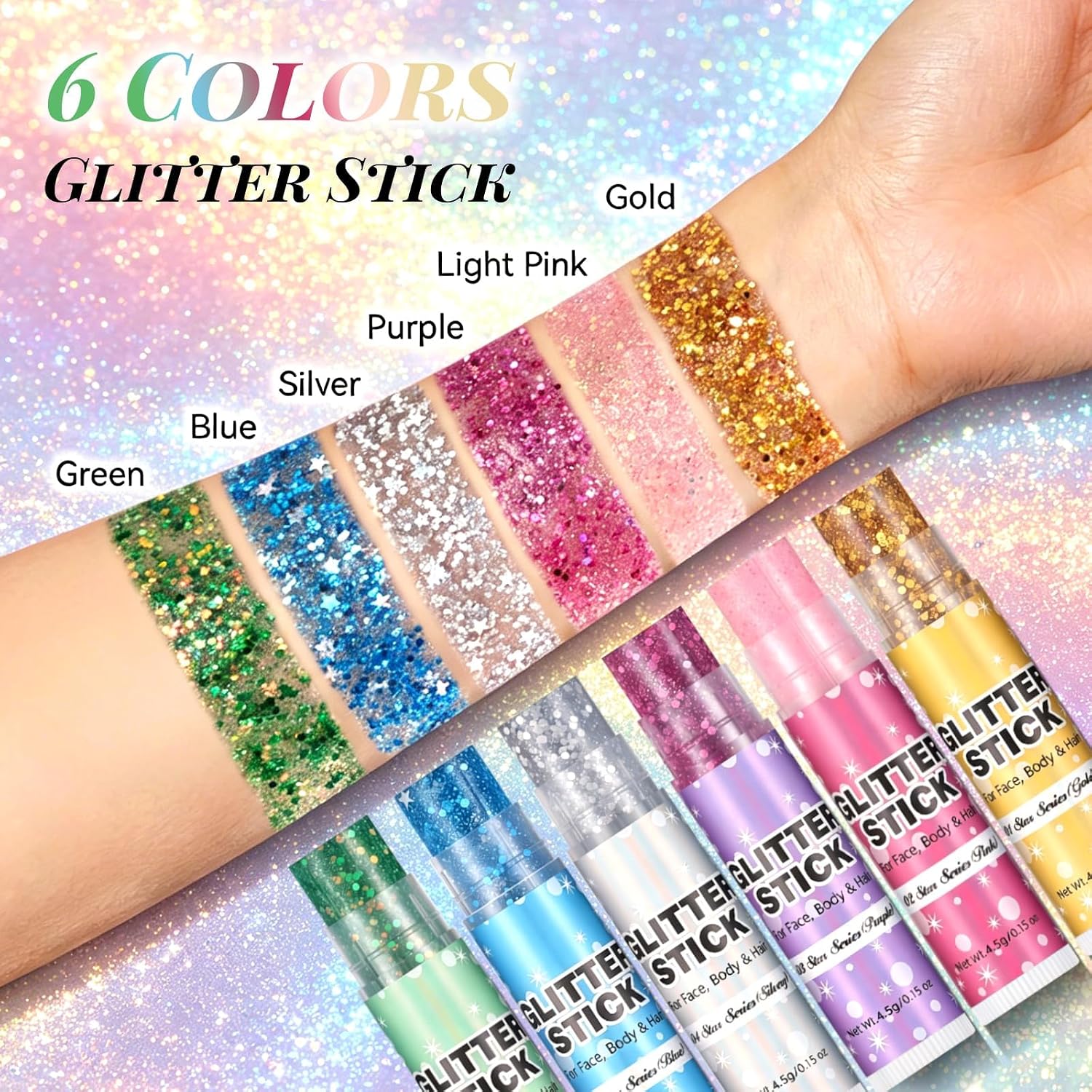 6 Colors Body Glitter Stick Set, 4Th Of July Accessories Hair Glitter, Sparkling Face Glitters Makeup For Women Kids, Shimmer Face Paint Singer Concert Festival Party Rave Accessories