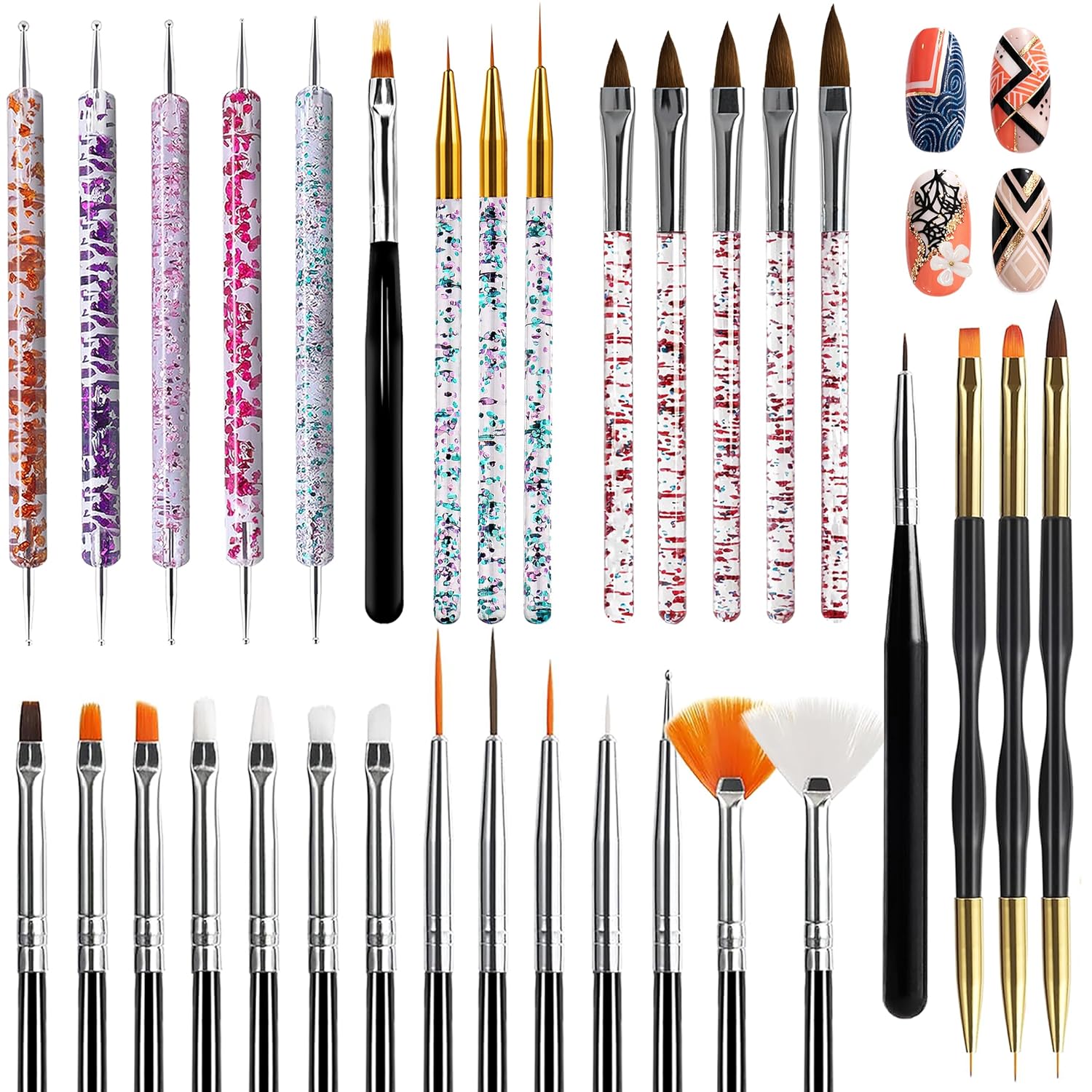 GELPARTY 32-Piece Nail Art Brush Set Professional Brushes for Acrylic, Gel, UV, Ombre, Dotting & 3D Designs | Drawing Pen For Gel Complete Kit for Salon & DIY Use