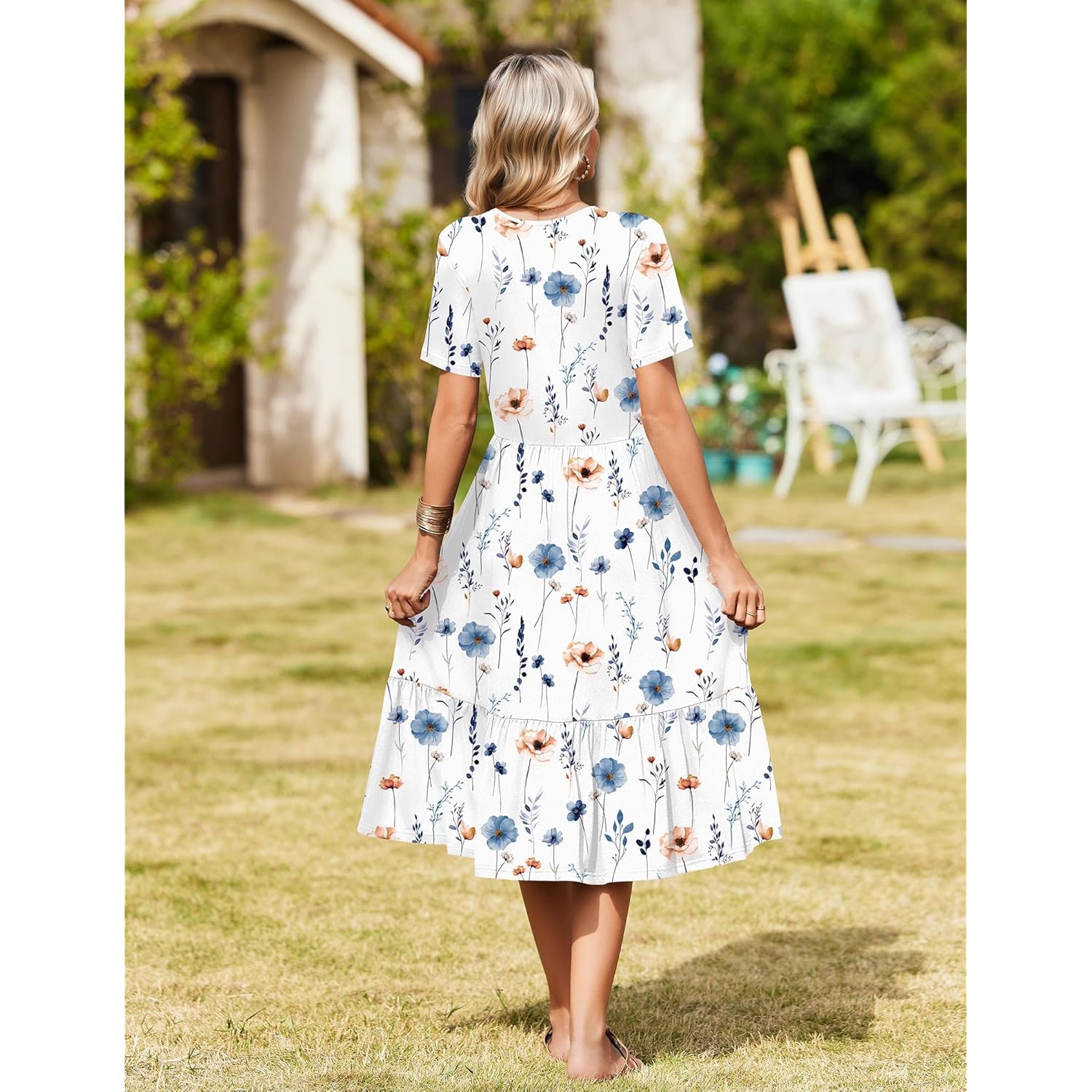 Womens Summer Casual Dresses Short Sleeve Midi Warp V-Neck Floral Dress with Pockets Tiered Flowy A Line Sundress