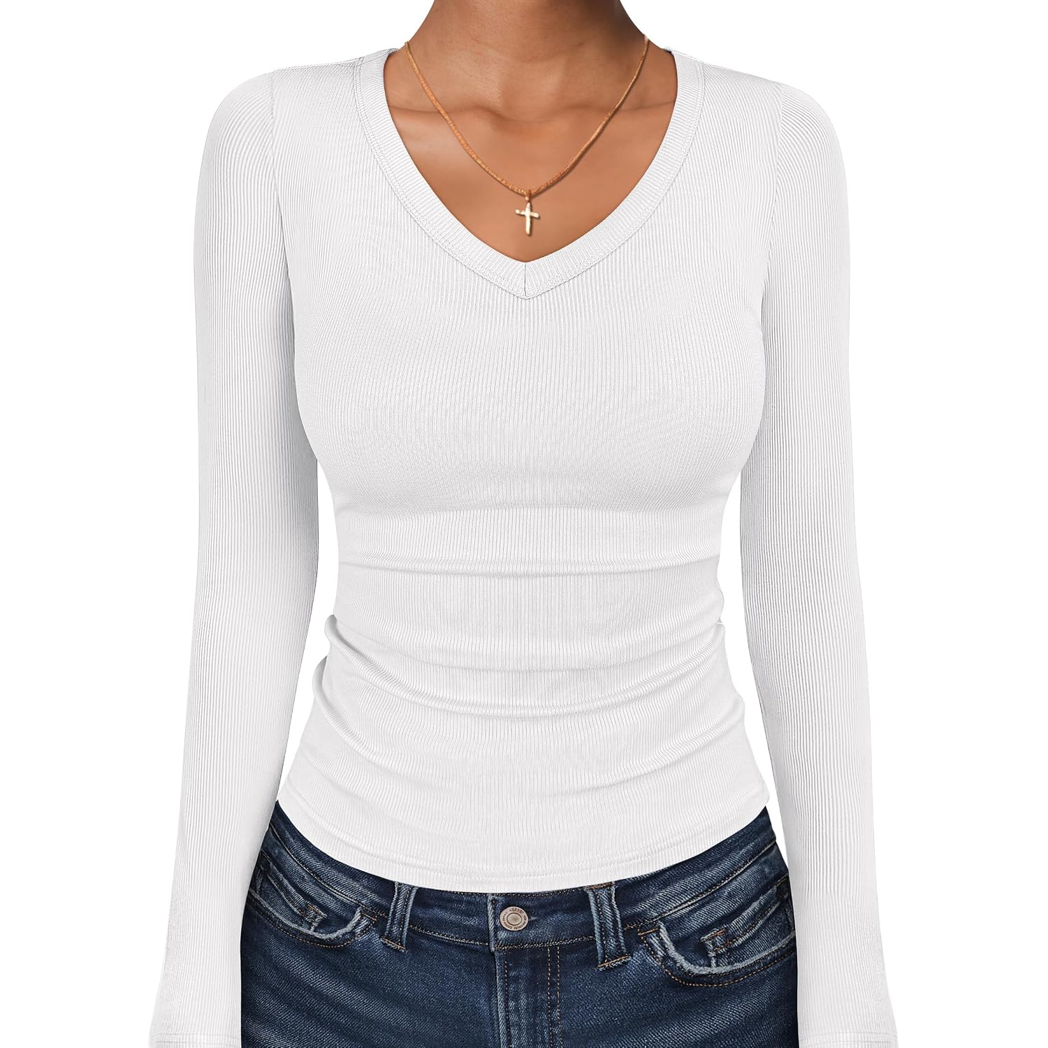 Anrabess Long Sleeve V Neck Shirts For Women | Soft Comfy Ribbed Knit Fitted Tshirts, Casual Going Out Tops, 2026 Trendy Basic, Fall Winter Underscrub Layering Clothes